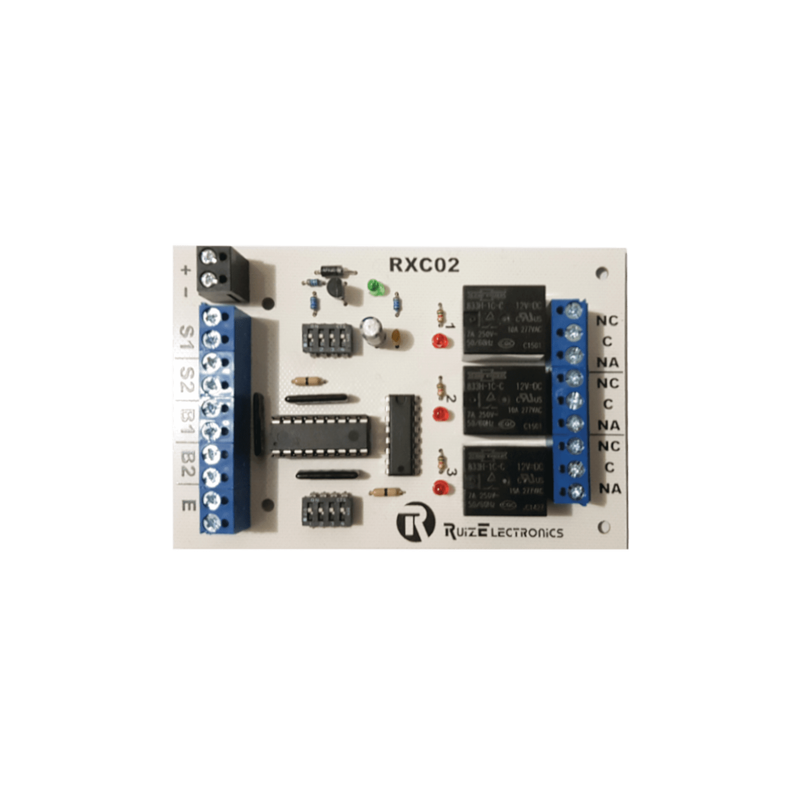 Tarjeta para control de Esclusas para 2 puertas con temporizador en desbloqueo y bloqueo/ entrada para botón de emergencia/ salida de emergencia. RXC02 - Ruiz Electronics