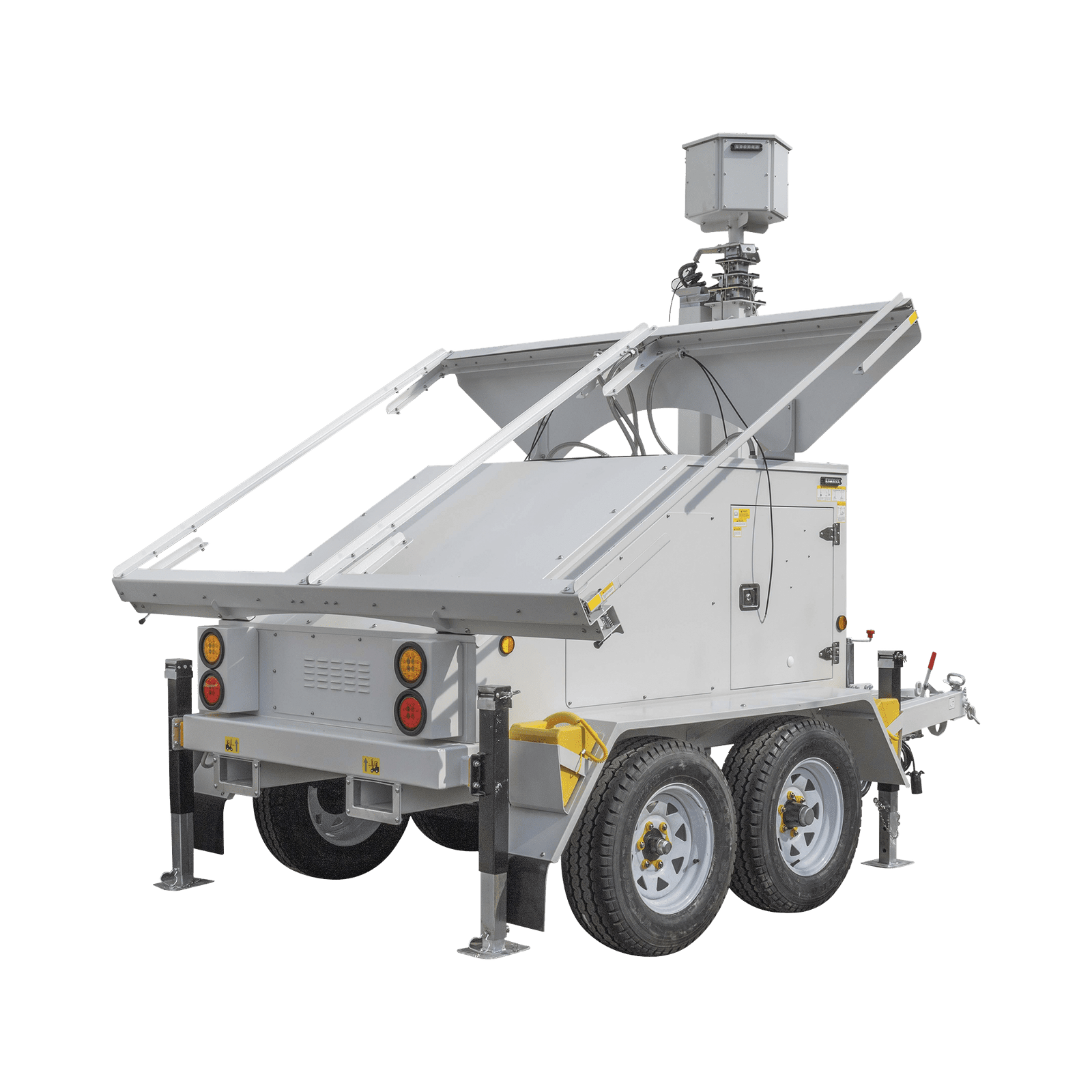 Traila / Remolque de Doble Eje con Mástil Retráctil de 7.5 m. para Videovigilancia o Iluminación, con Bases para Instalar Paneles Solares y Baterías (No incluidos) PST-VTS-4PL - PRECISION