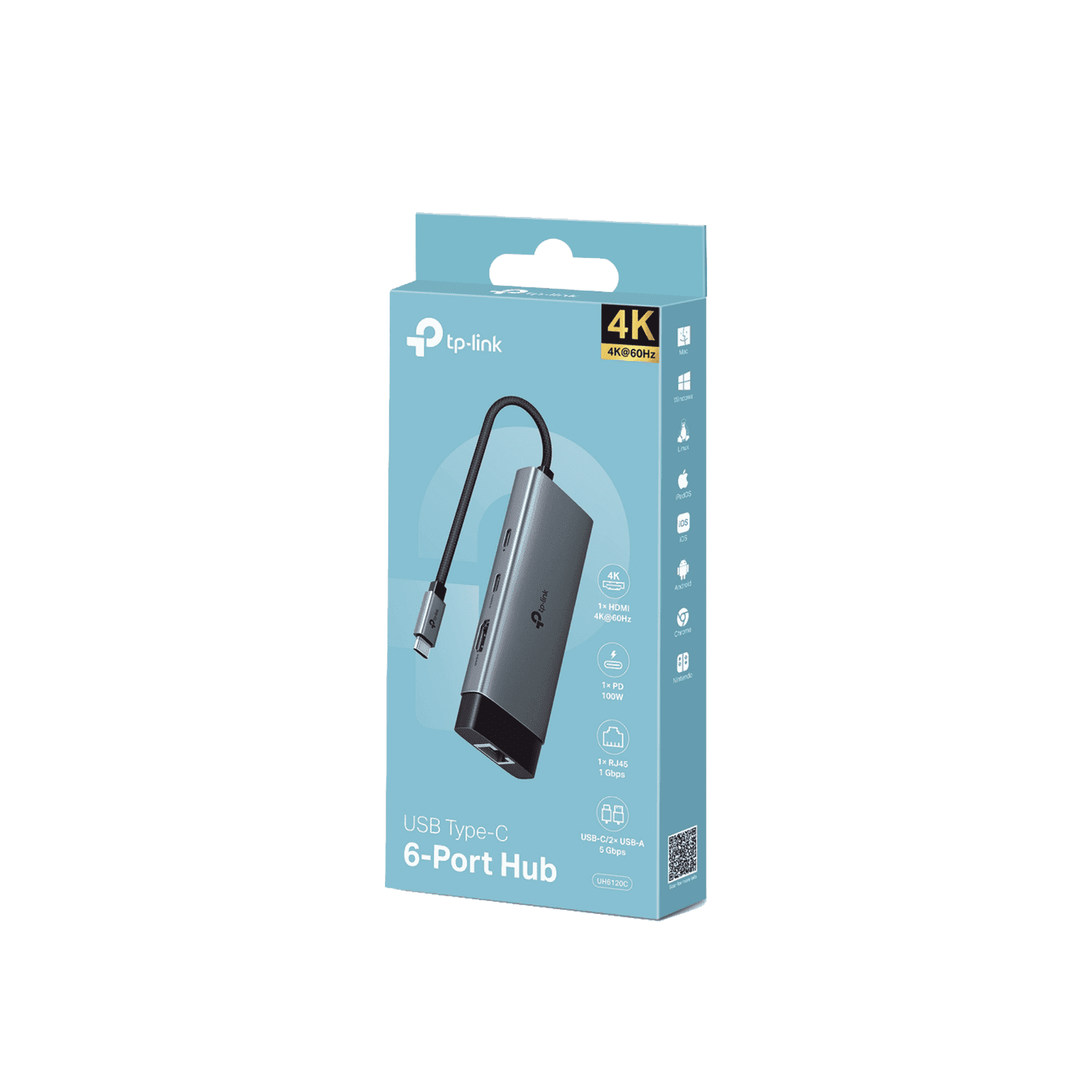 Adaptador HUB 6 en 1, 1 puerto USB-C entrada, 1 puerto HDMI 4K, 1 puerto Ethernet Gigabit, 1 puerto USB-C y 2 puertos USB-A UH6120C - TP-LINK