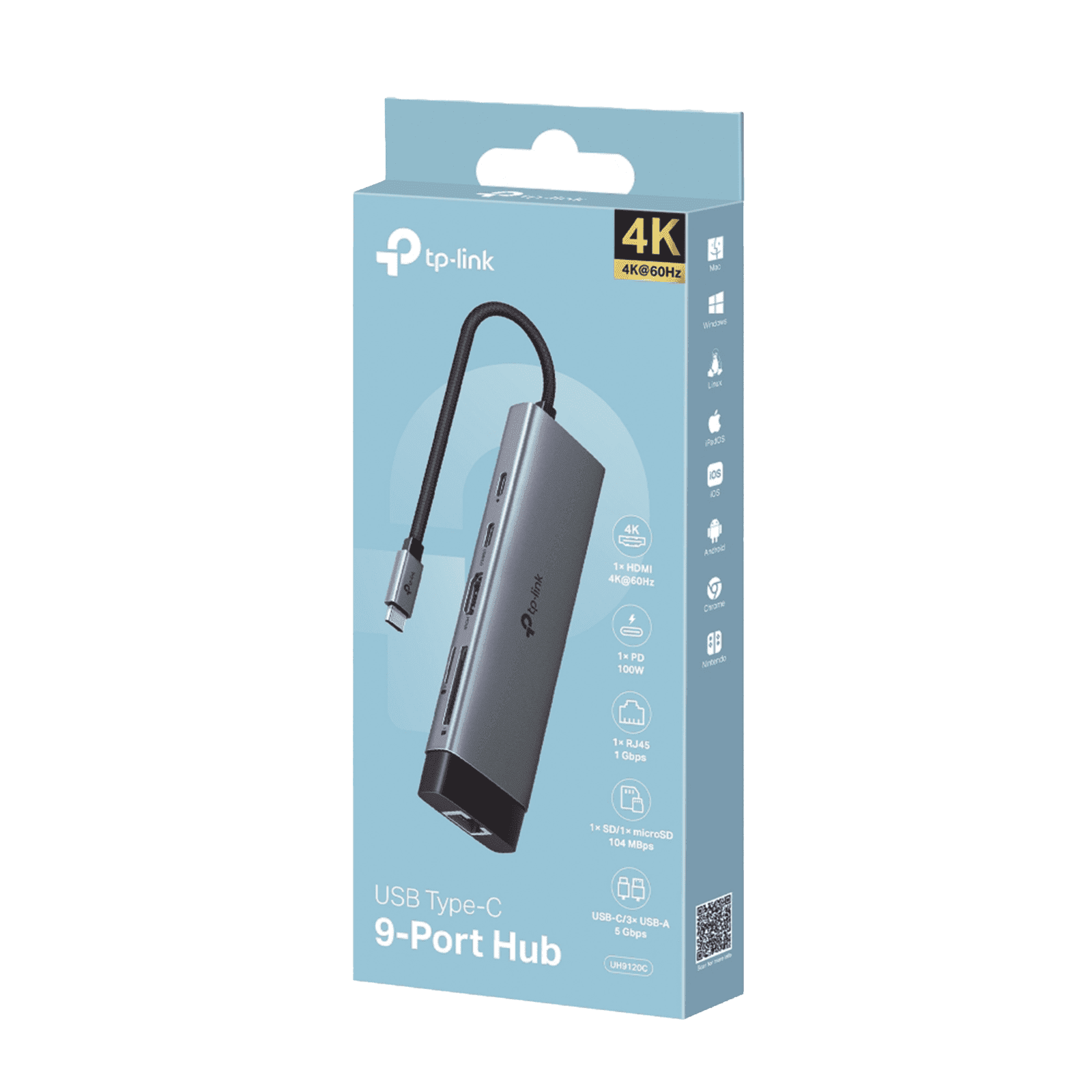Adaptador HUB 9 en 1, 1 puerto USB-C entrada, 1 puerto HDMI 4K, 1 puerto Ethernet Gigabit, 1 puerto SD y MicroSD, 1 puerto USB-C y 3 puertos USB-A UH9120C - TP-LINK