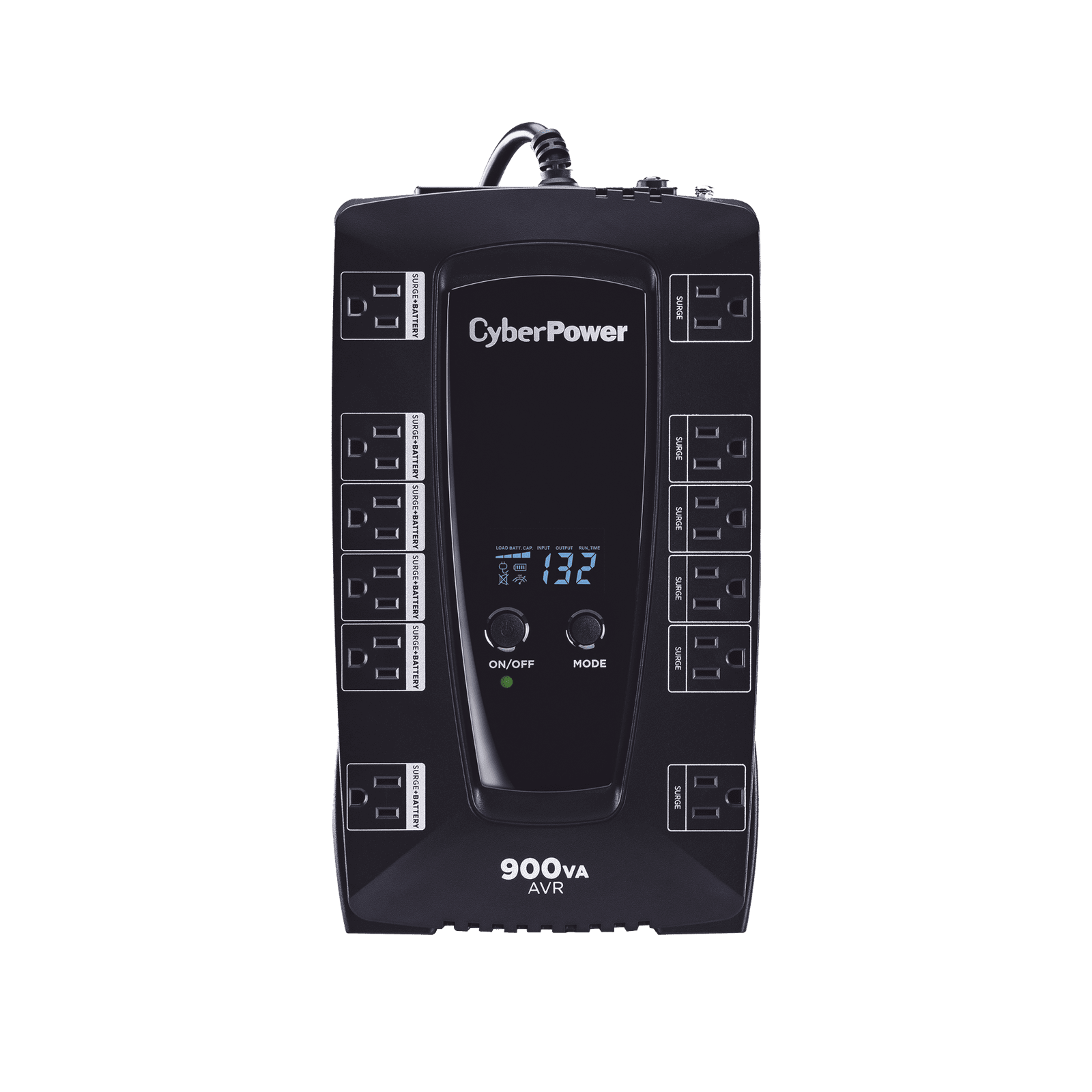 UPS de 900 VA/480 W, Topología Línea Interactiva, Entrada 120 Vca NEMA 5-15P, Tipo Gabinete Compacto, Con 12 Tomas NEMA 5-15R AVRG900LCD - CyberPower