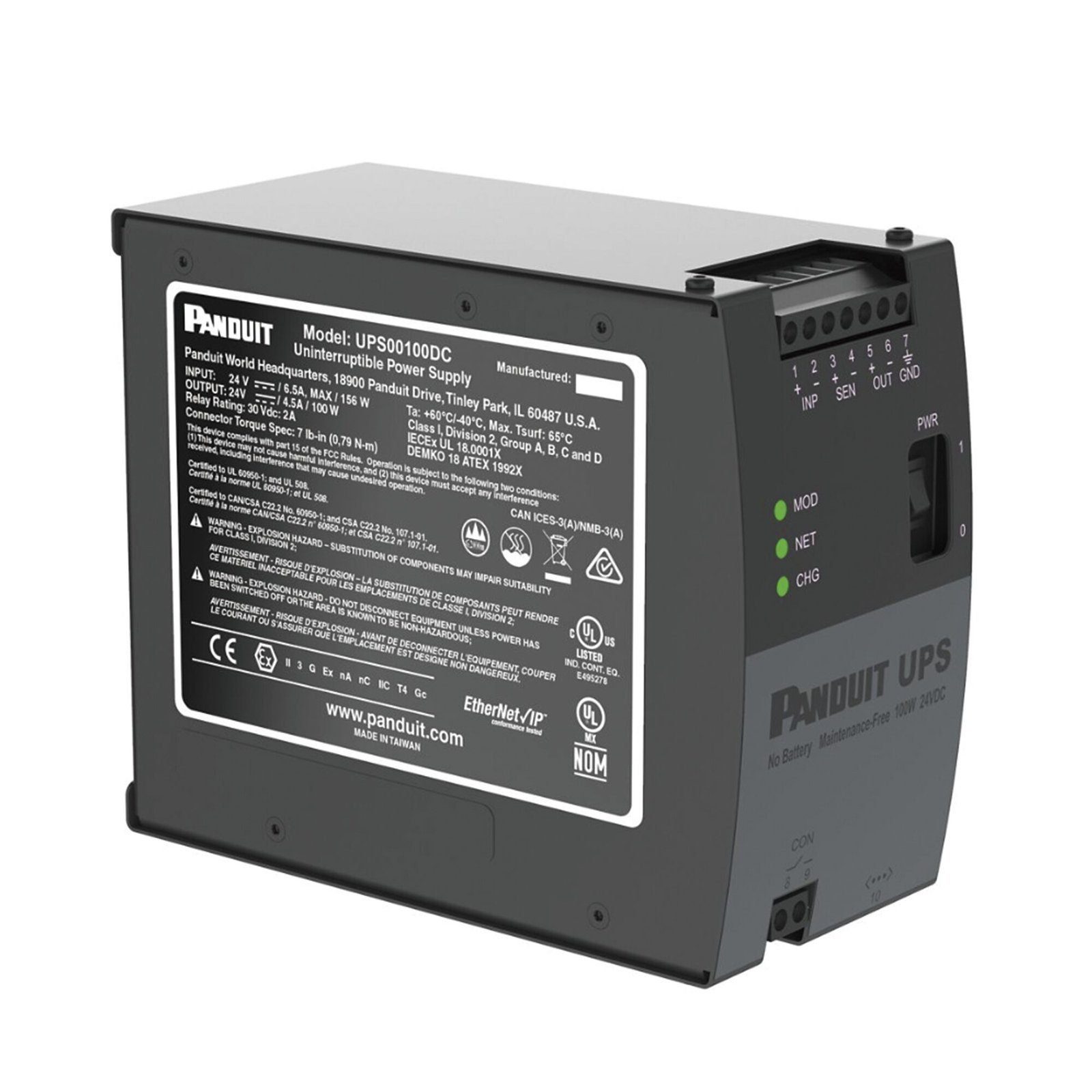 UPS Industrial de 100 Watts, 24 Vcd de Entrada, Instalación en Riel DIN Estándar de 35mm, Temperatura de operación de -40 a 60 ºC UPS00100DC - PANDUIT