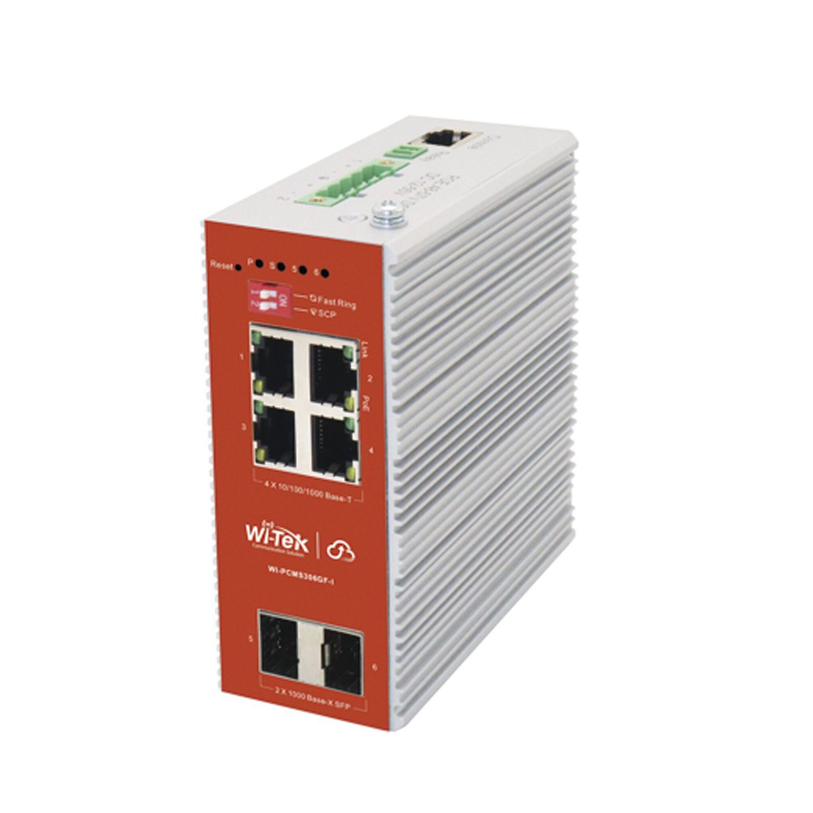 Switch L2+ PoE Industrial / Administración Cloud-Web-CLI / 4 Puertos PoE af/at 100/1000 Mbps / 2 Puertos SFP Gigabit / Presupuesto PoE 120 W / Protocolo ERSP (redundancia enlaces) WI-PCMS306GF-I - WI-TEK