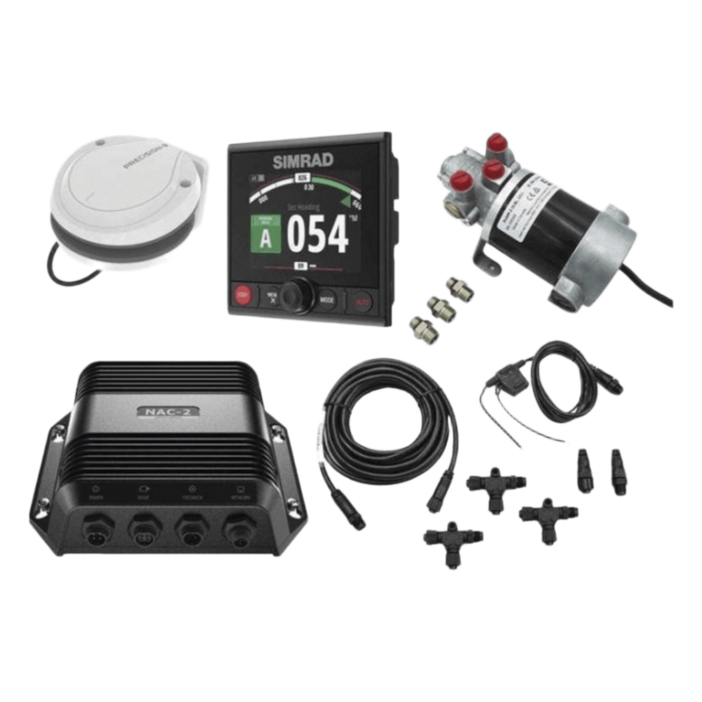 Piloto Automático Simrad para Embarcaciones Fueraborda y Dentrofueraborda / Paquete Completo / Controlador AP44 con Pantalla a Color 4.1 Pulgadas / Bomba Hidráulica RPU-80 / Brújula Precision-9 / Compatible con NMEA 2000® / Virtua 000-13291-002