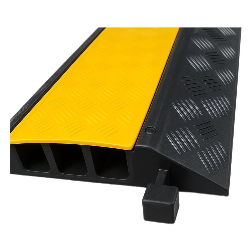 Protector de Cable de 3 Canales / Base de Goma y Tapa de Plástico / Tamaño del Canal 30x30mm / Capacidad de Carga 5 Toneladas / Longitud 90 cm / Ancho del Contorno 50 cm / Altura 4.5 cm / Color Amarillo-Negro / Material Hule AC903-V2