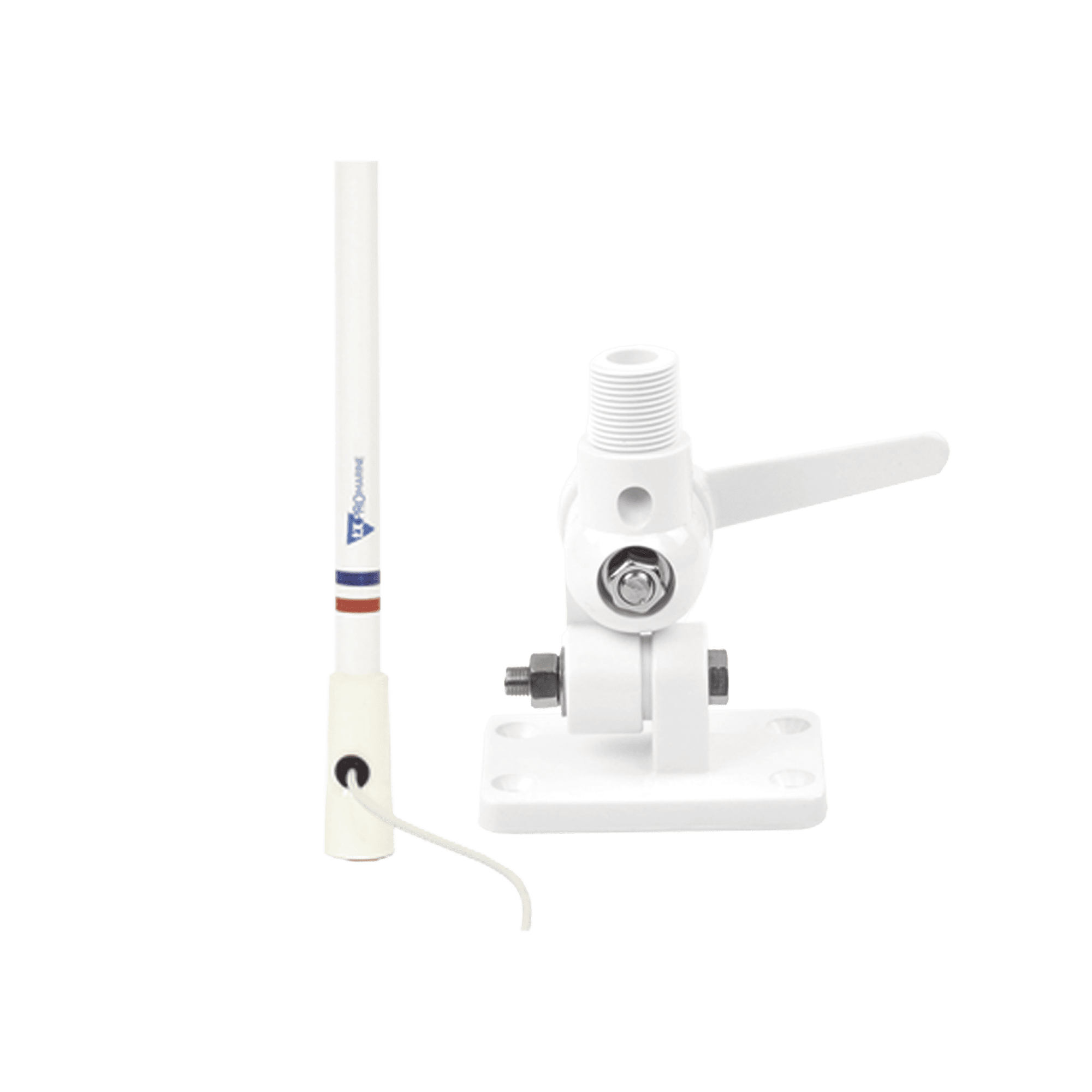 Antena marina VHF en fibra de vidrio en rango de 156 a 163 MHz con 4.5 metros de cable, Incluye: montaje de trinquete de nylon y conector PL-259 macho. TX-5206-SYS/86