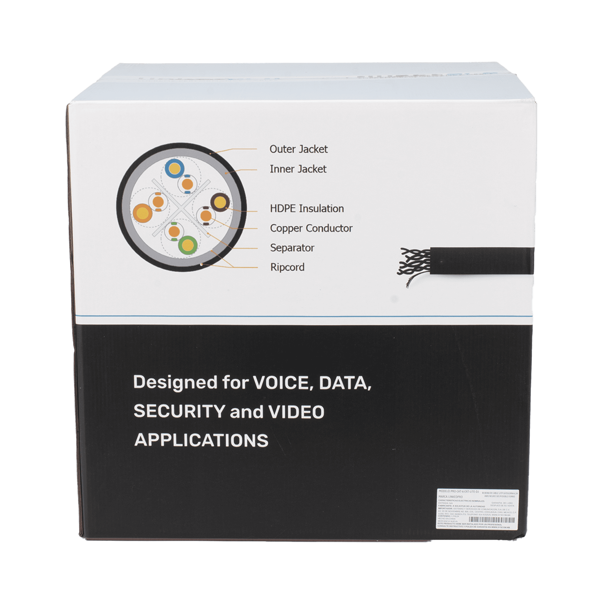 Bobina de Cable UTP 305 m, Cat6 Con DOBLE FORRO, para Exterior, CLIMAS EXTREMOS, Color Negro PRO-CAT-6-EXT-LITE-DJ
