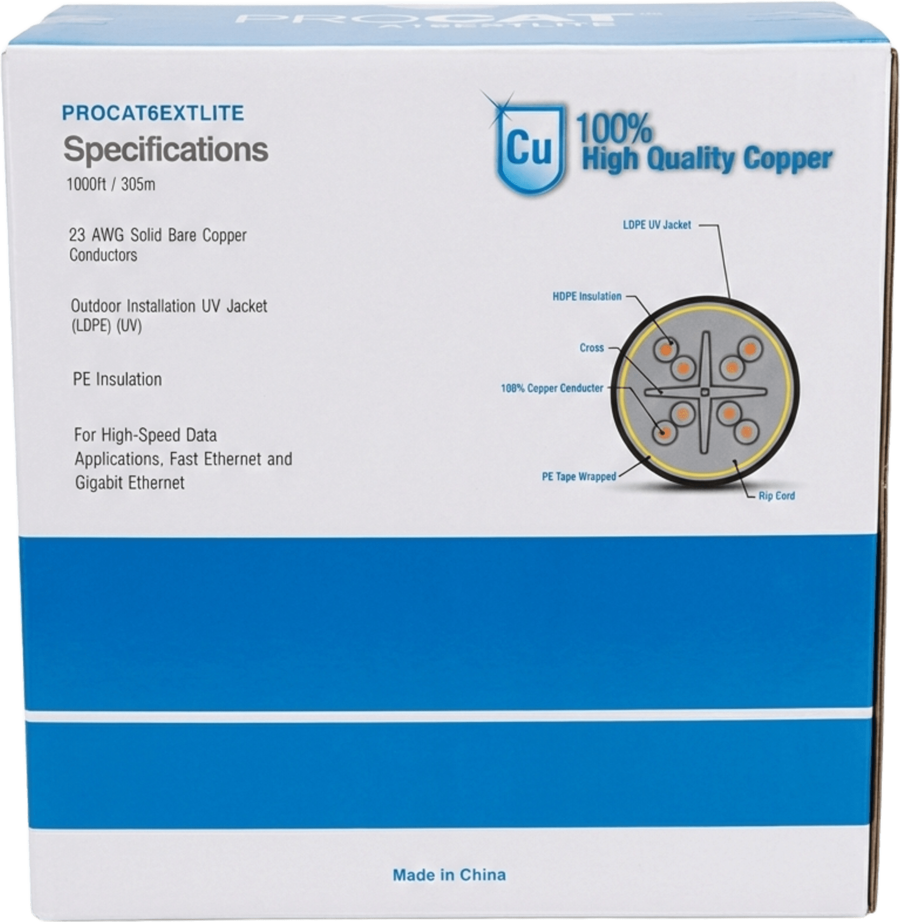 Bobina de cable 305 Metros Cat6+ CALIBRE 23, Climas EXTREMOS, Color negro, sin blindar, para intemperie. PRO-CAT-6-EXT-LITE