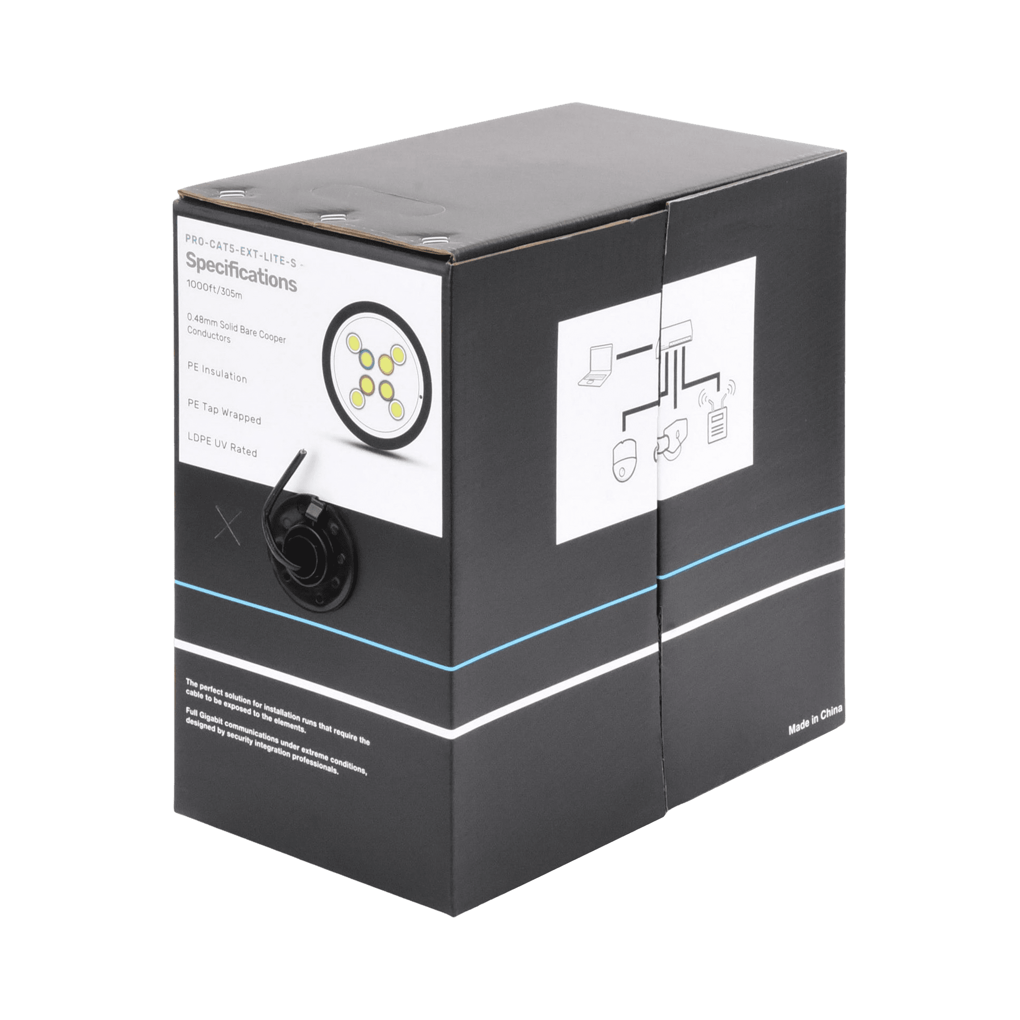Bobina de cable de 305 m, Cat5e, color negro, sin blindar, para aplicaciones de videovigilancia, redes de datos. Uso en intemperie PRO-CAT5-EXT-LITES
