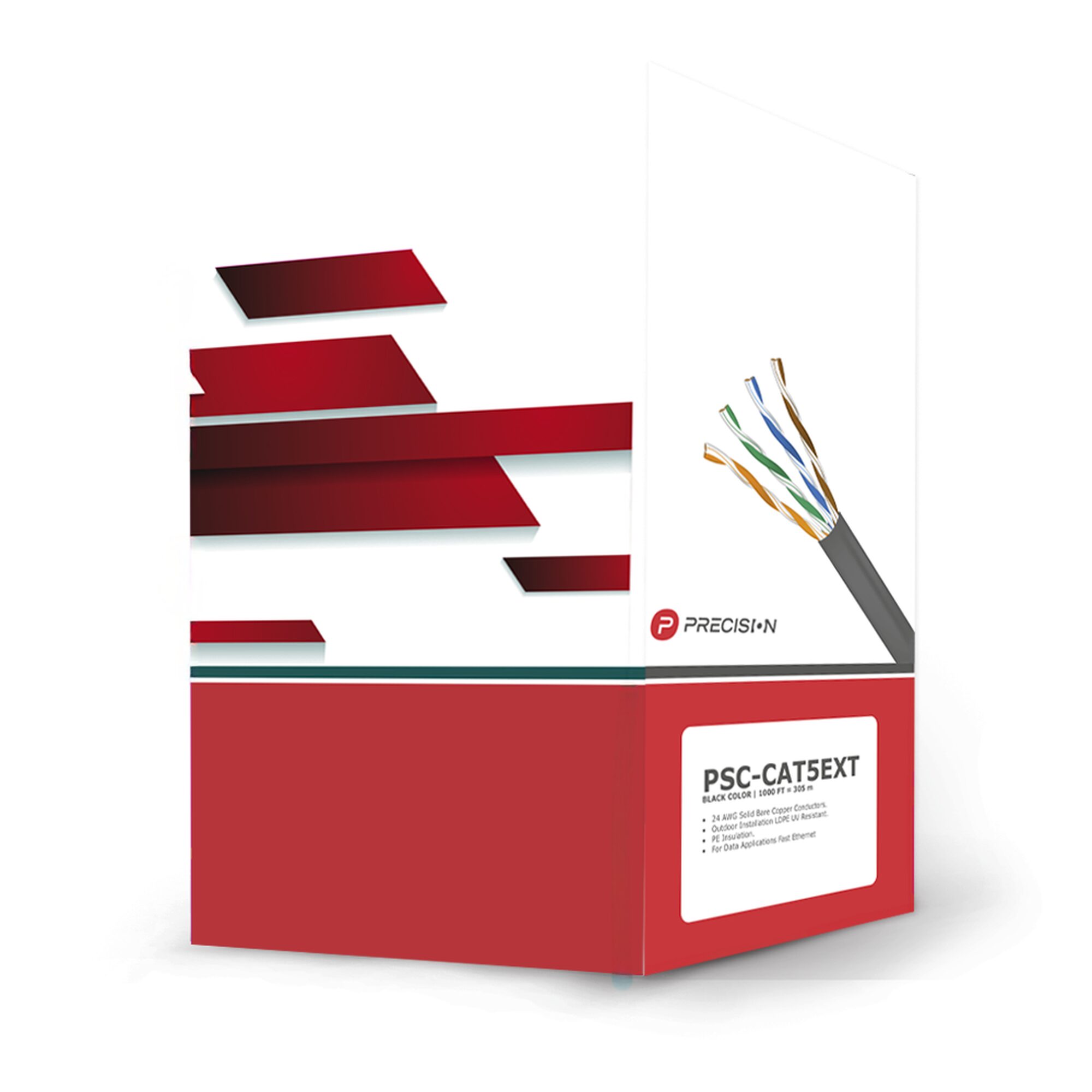 Bobina de cable de UTP de 4 pares Cat5e de 305 m (1000 ft), 100% Cobre, LDPE Resistente a rayos UV, Color Negro, 24 AWG, Uso en Exterior,  Para Aplicaciones de Voz, Datos y Video PSC-CAT5EXT