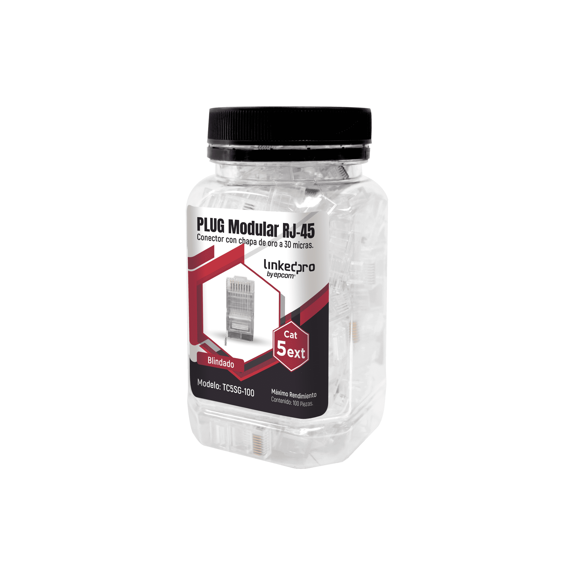 Bote con 100 Piezas de Plug Modular RJ45 Cat5e blindado, chapado de oro a 30 micras para durabilidad extrema CON PIN DE TIERRA TC5SG-100