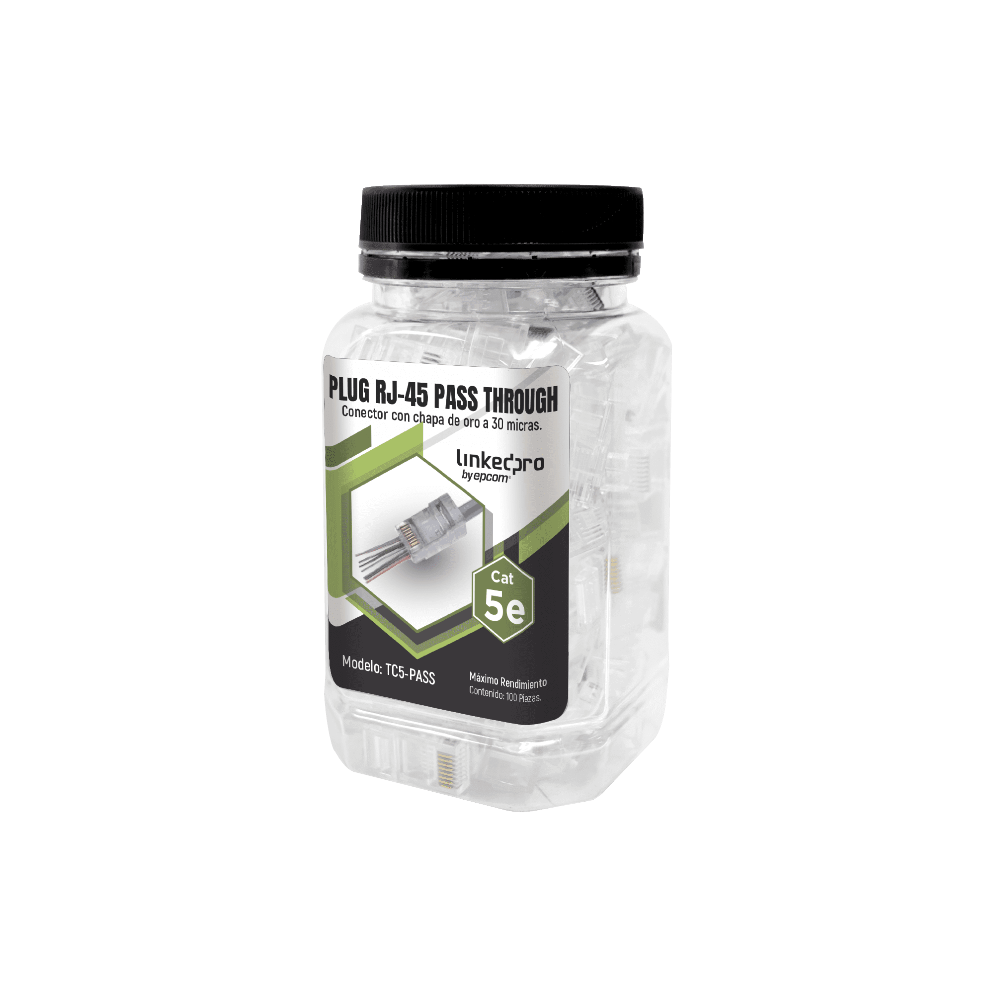 Bote con 100 Plugs Pass through RJ45 Cat5e sin blindaje, chapado de oro a 30 micras para durabilidad extrema TC5-PASS