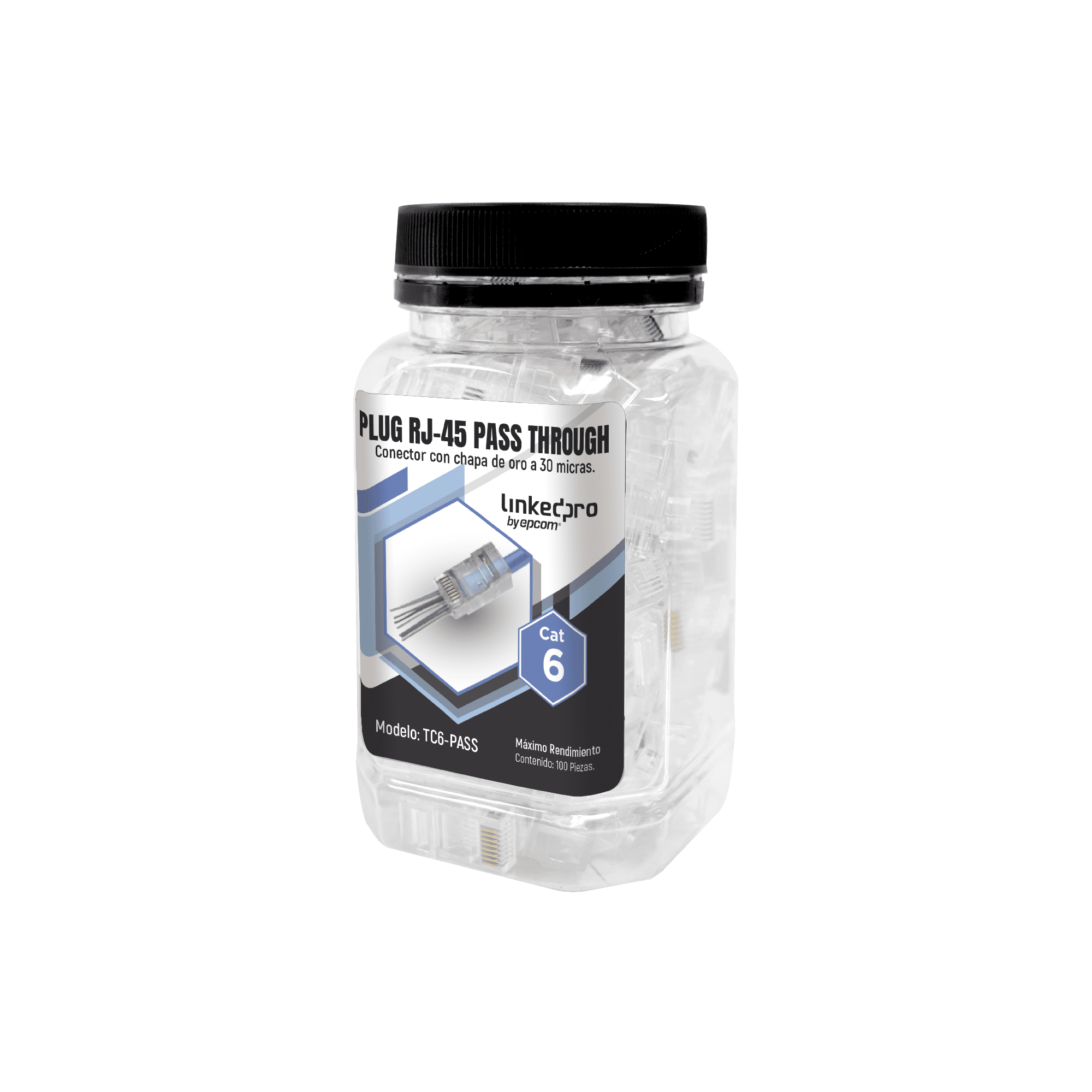 Bote con 100 Plugs Pass through RJ45 Cat6 sin blindaje, chapado de oro a 30 micras para durabilidad extrema TC6-PASS