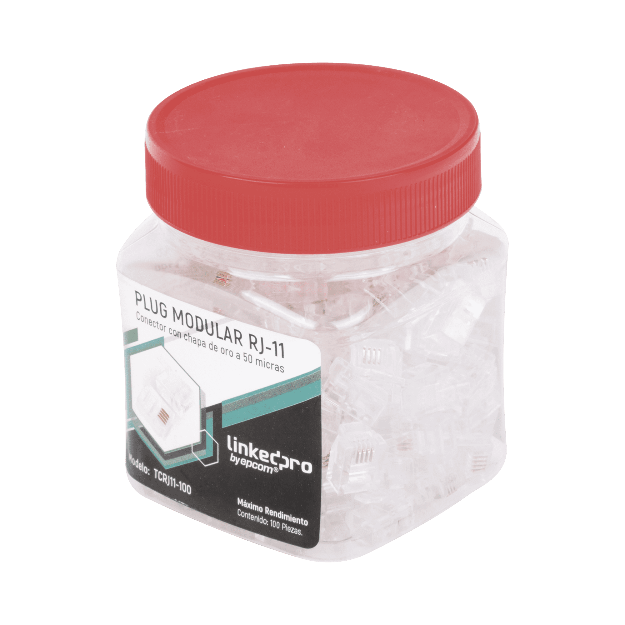 Bote con 100 piezas de plug modular tipo RJ11 de 4 contactos chapado de oro a 50 micras TCRJ11-100