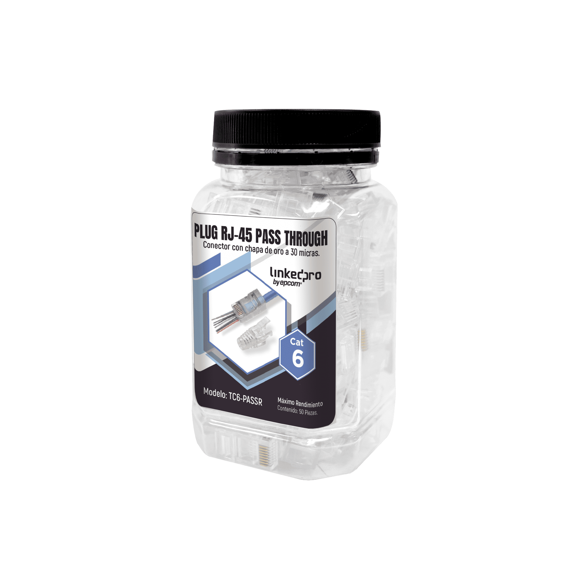 Bote con 50 Plugs Pass through RJ45 Cat6 sin blindaje, con alivio de tensión incluido, chapado de oro a 30 micras para durabilidad extrema TC6-PASSR