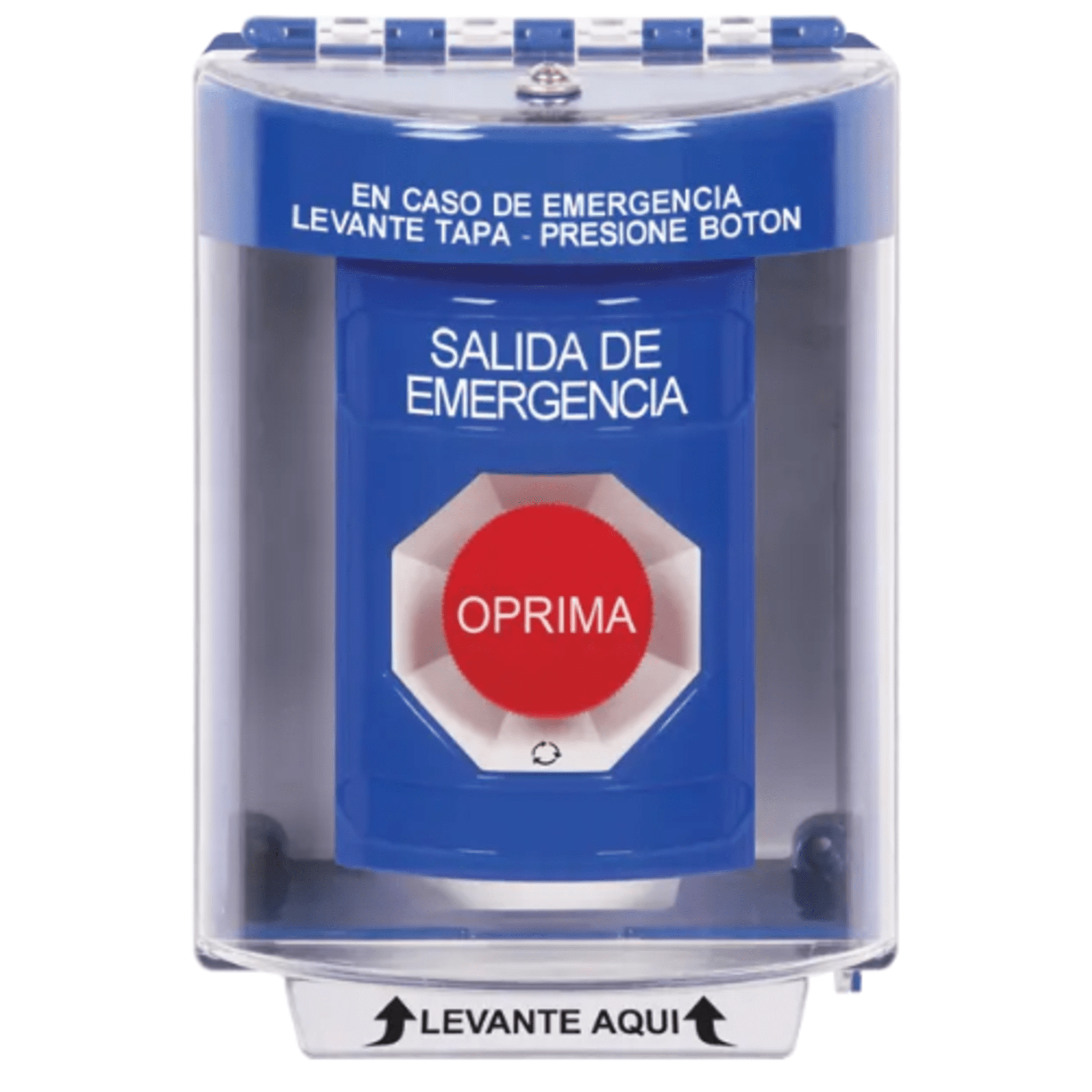 Botón Multipropósito, Color Azul, De Superficie, Con Tapa De Policarbonato, Sin Bocina, Para Interior/Exterior, Llave Para Restablecer, Texto Salida De Emergencia, Español SS2471EX-ES