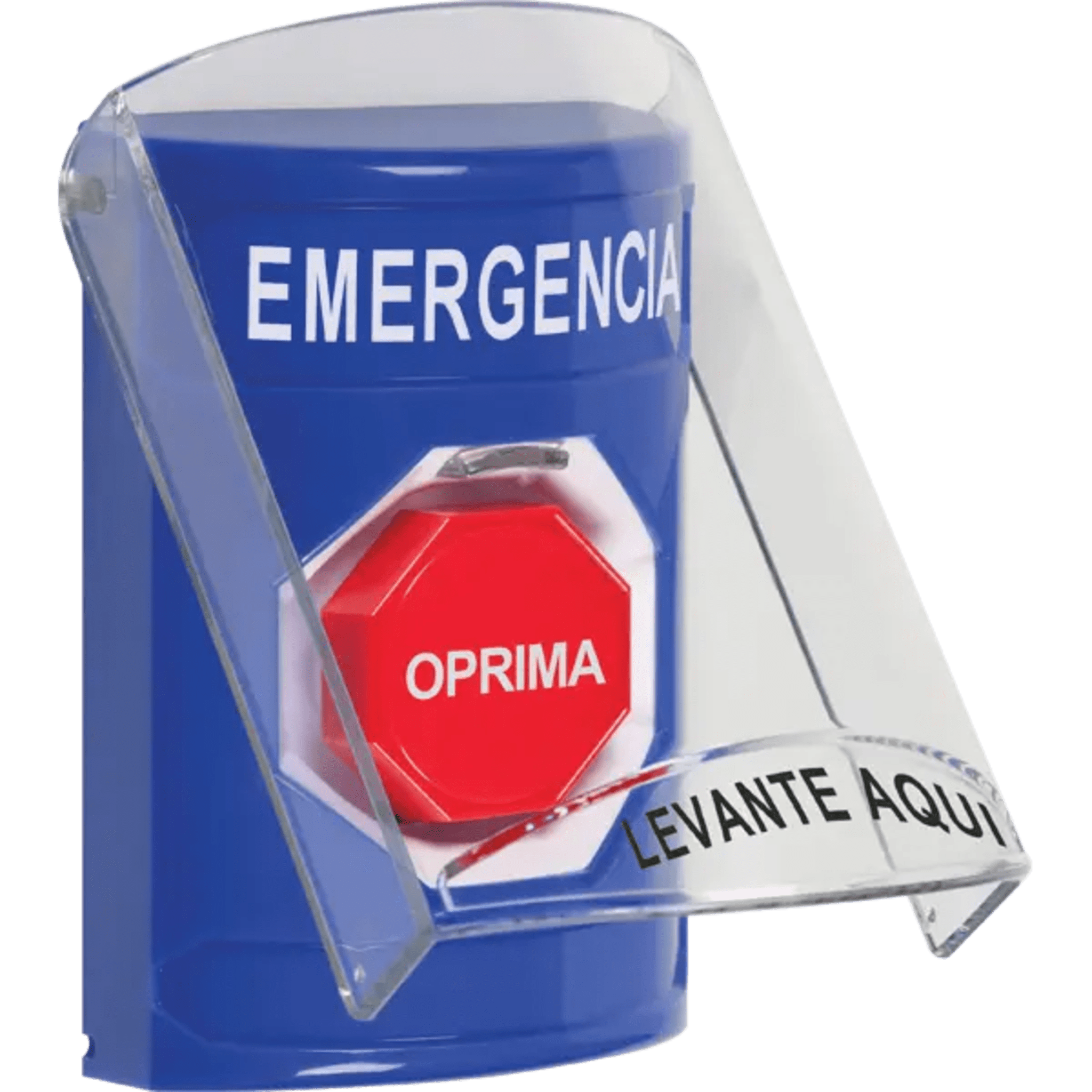 ?Botón Multipropósito, Color Azul, De Superficie, Con Tapa De Policarbonato, Sin Bocina Pre Alarma, Solo Interior, Llave Para Restablecer, Texto De Emergencia, Español SS2422EM-ES