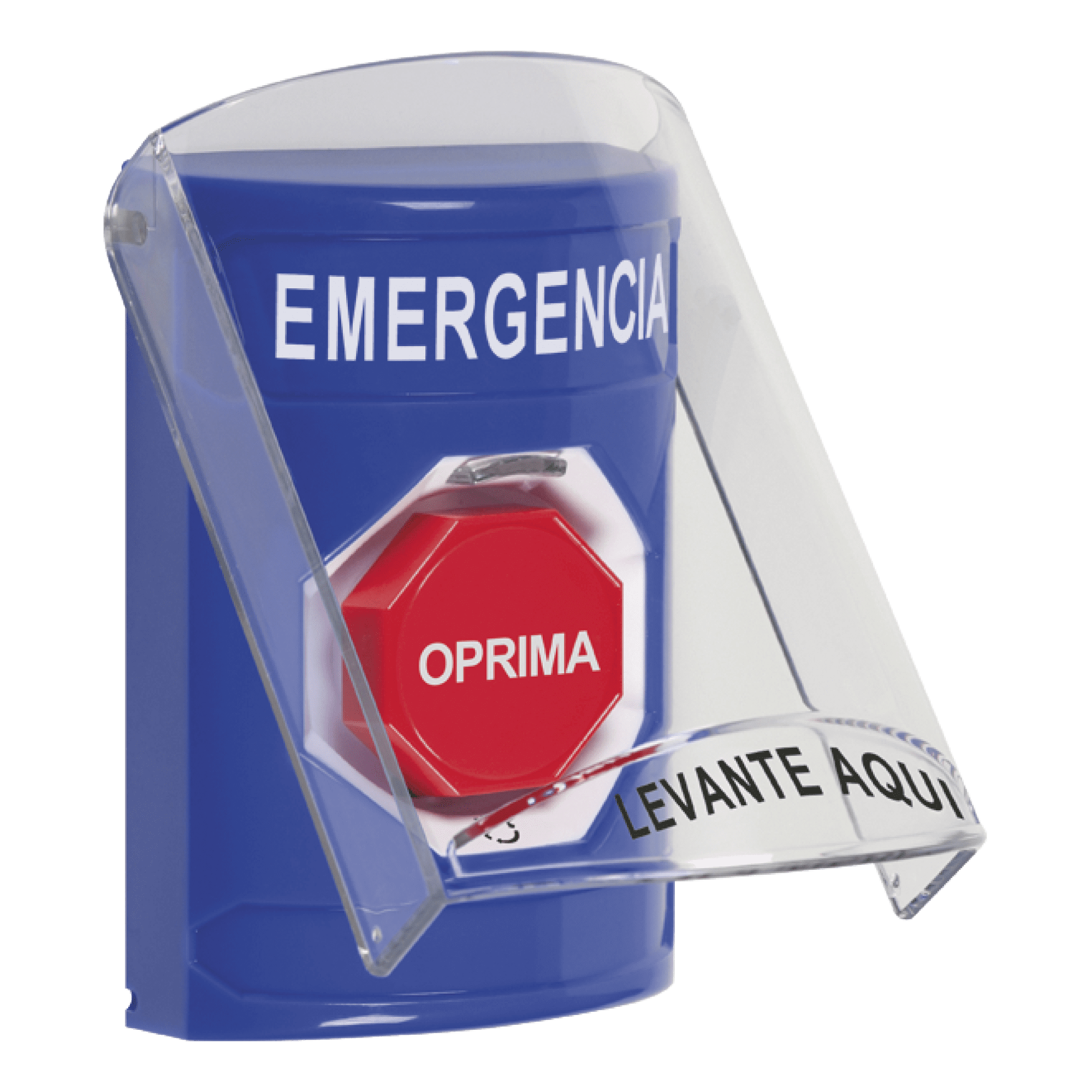 Botón Multipropósito, Color Azul, De Superficie, Con Tapa De Policarbonato, Sin Bocina Prealarma, Para Interior, Girar Para Restablecer, Texto De Emergencia, Español SS2429EM-ES