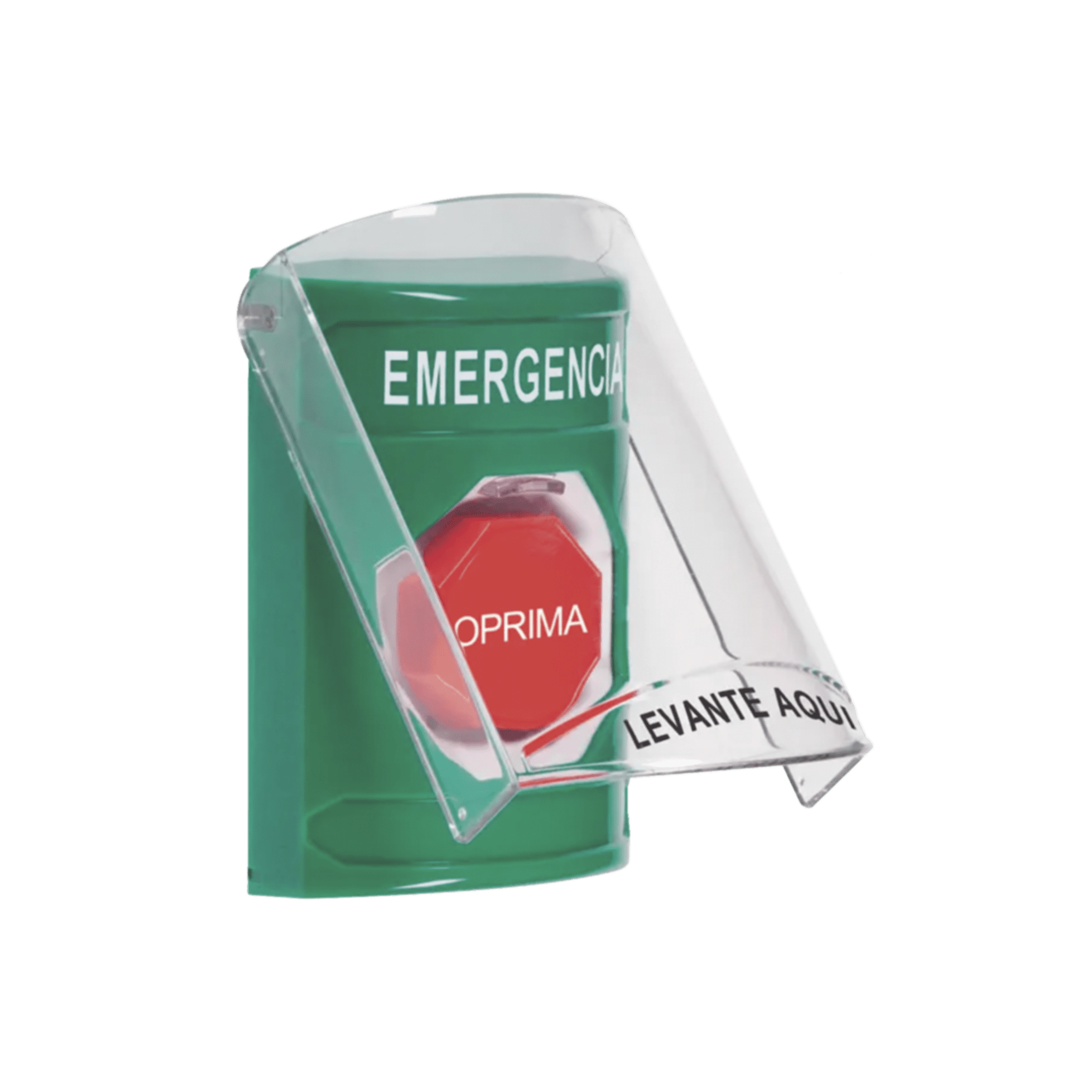 ??Botón Multipropósito, Color Verde, De Superficie, Con Tapa De Policarbonato, Con Bocina Pre Alarma, Solo Interior, Llave Para Restablecer, Texto De Emergencia, Español SS21A2EM-ES