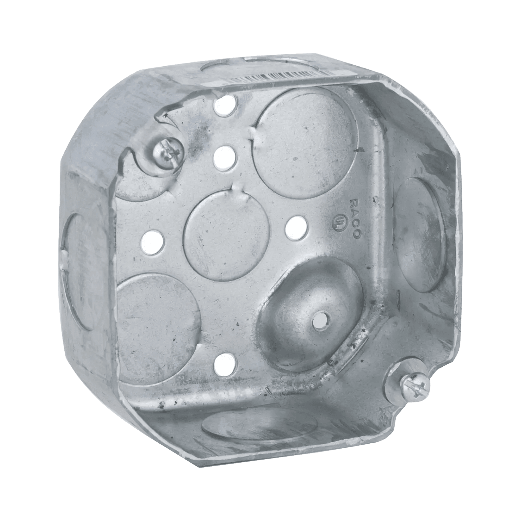 Caja Octagonal de 4" / Profundidad 1 1/2" / 4 Entradas de 3/4" y 4 Entradas de 1/2" / Troquelada. HUB-127