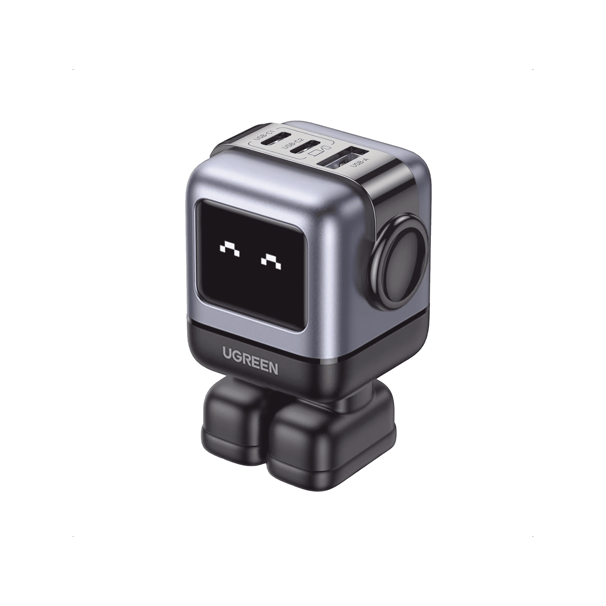 Cargador RobotGaN de 65W Serie UNO | 3 Puertos de Carga Rápida | 2 USB-C | 1 USB-A | PD 3.0 | QC 4.0 | Carga Inteligente | Tecnología GaN II | Zapato Magnético Extraíble | Carcasa Ignifuga | Pantalla LED 15570B