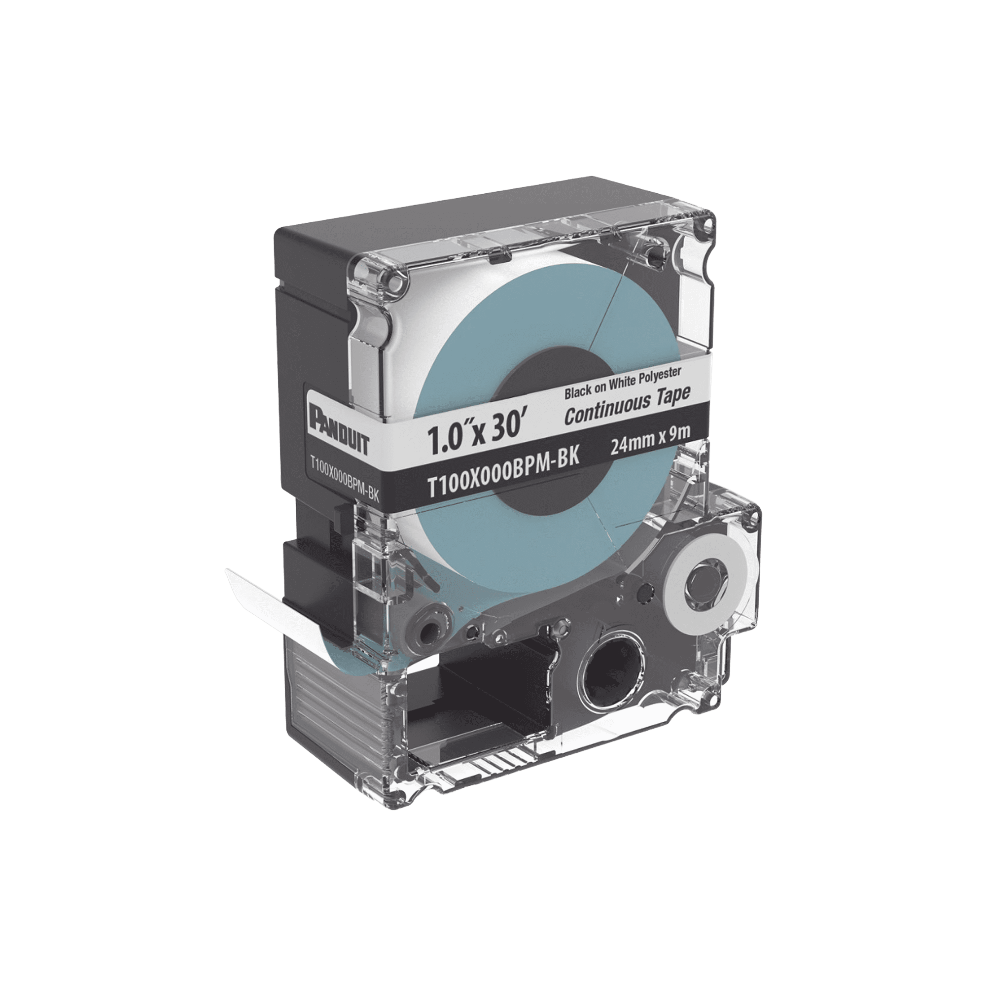 Casete de Etiquetas de Poliéster de Cinta Continua, Color Negro Sobre Blanco, Uso Interior/Exterior, 24 mm (1 in) de Ancho x 9.1 Metros de Largo T100X000BPM-BK
