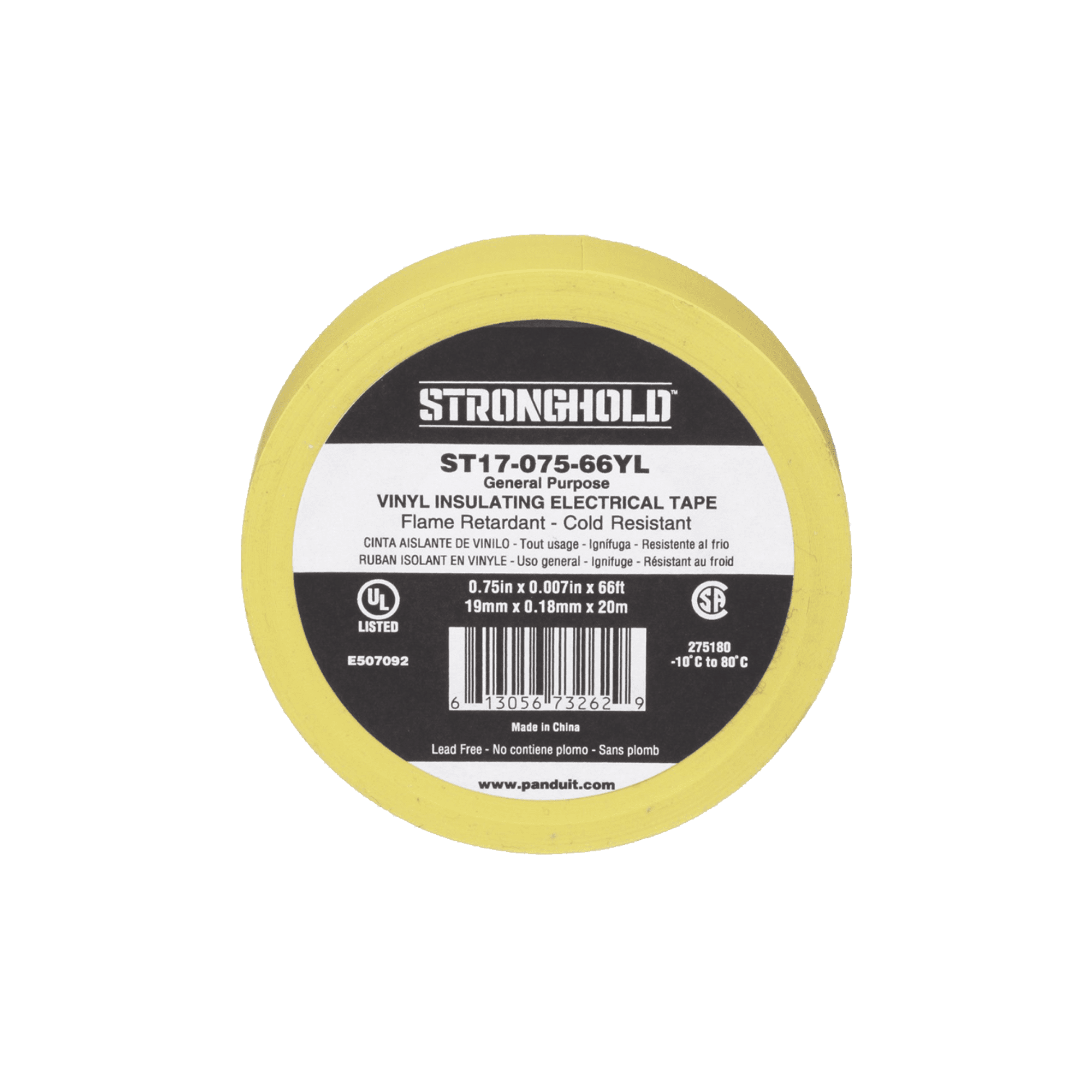 Cinta Eléctrica STRONGHOLD para Aislar, de PVC, Uso General Reparación y Mantenimiento, Grosor de 0.18mm (7 mil), Ancho de 19mm, y 20.12m de Largo, Color Amarillo ST17-075-66YL