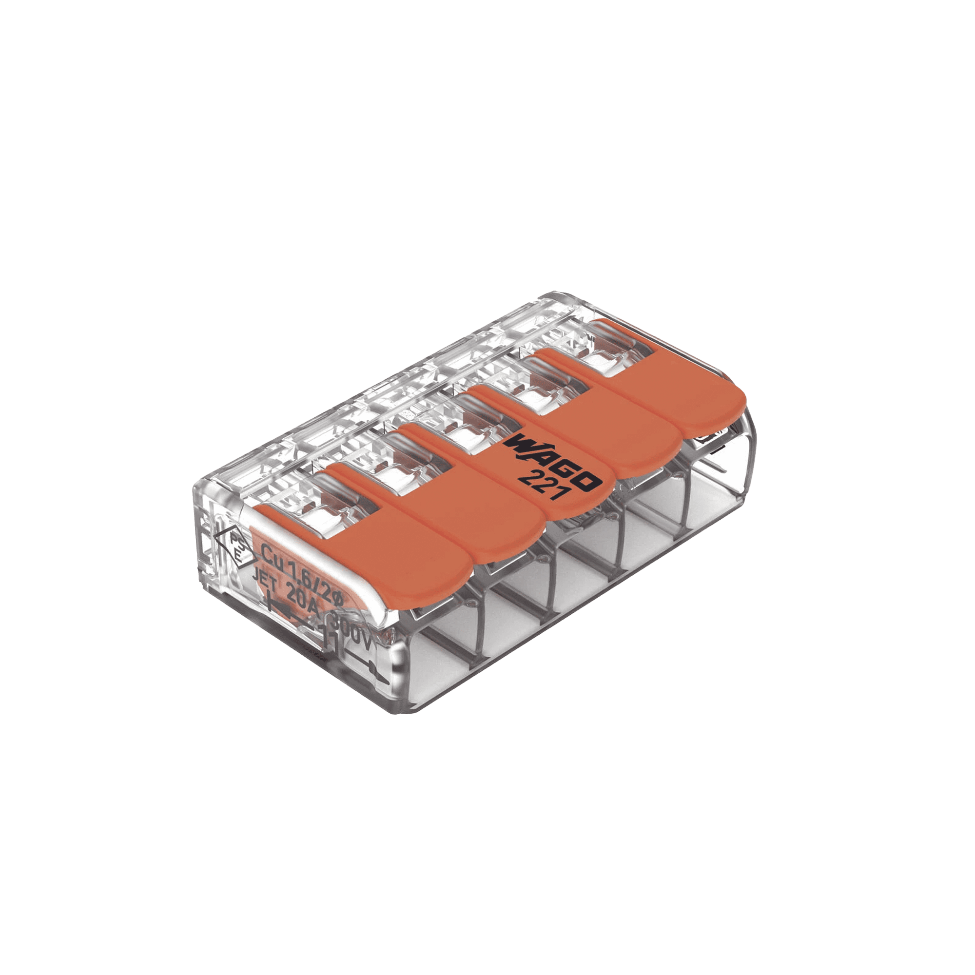 Conector Eléctrico con Palancas WAGO 221-415, 5 Conductores, 32A 450V, CAGE CLAMP®, Policarbonato Transparente, T85, UL/ENEC Certificado 221-415