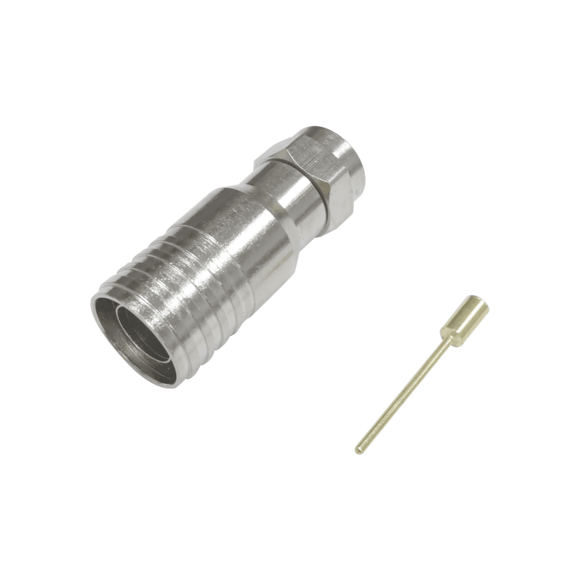 Conector F Macho en 75 Ohm, Plegable para Instalar en Cables Coaxiales RG-11, Cuerpo de Bronce-Niquelado/ Teflón. TT11-F03