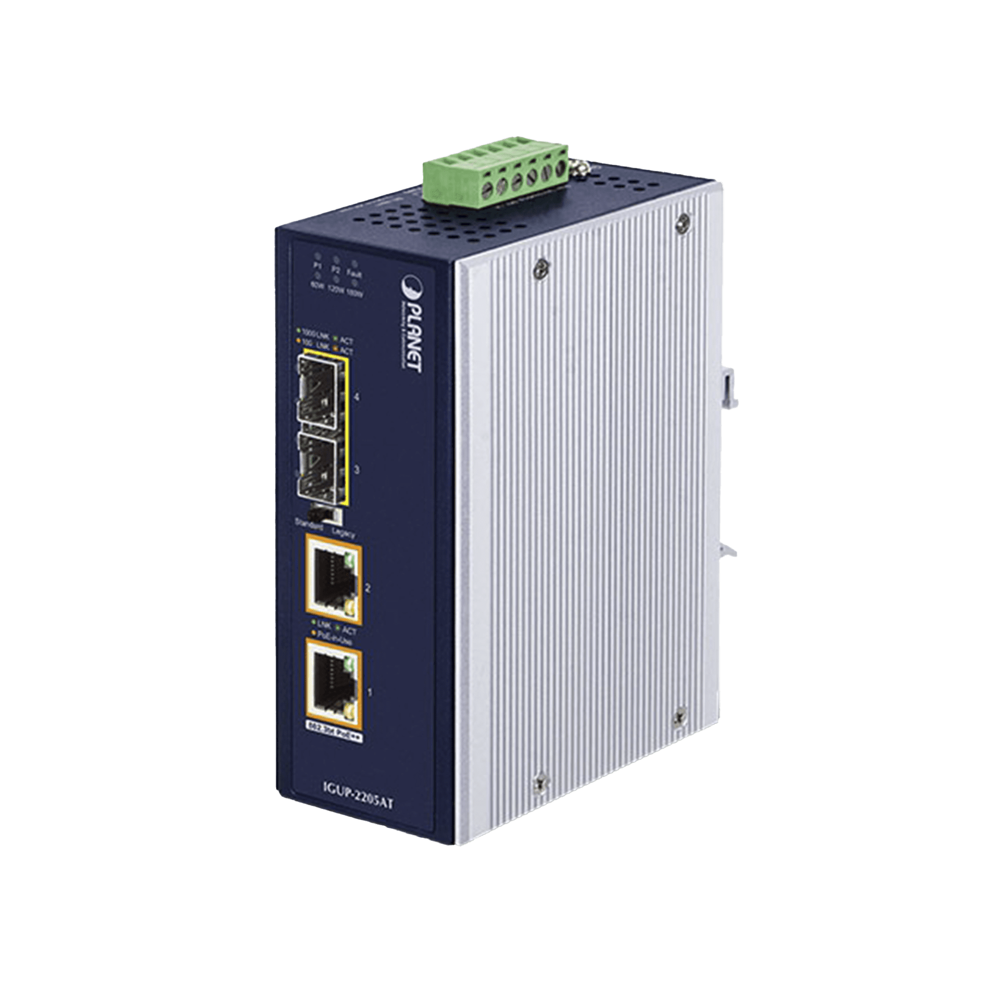 Convertidor de Medios Industrial de 2 Puertos SFP 100/1000X a 2 Puertos RJ45 10/100/1000T 802.3bt PoE++ IGUP-2205AT