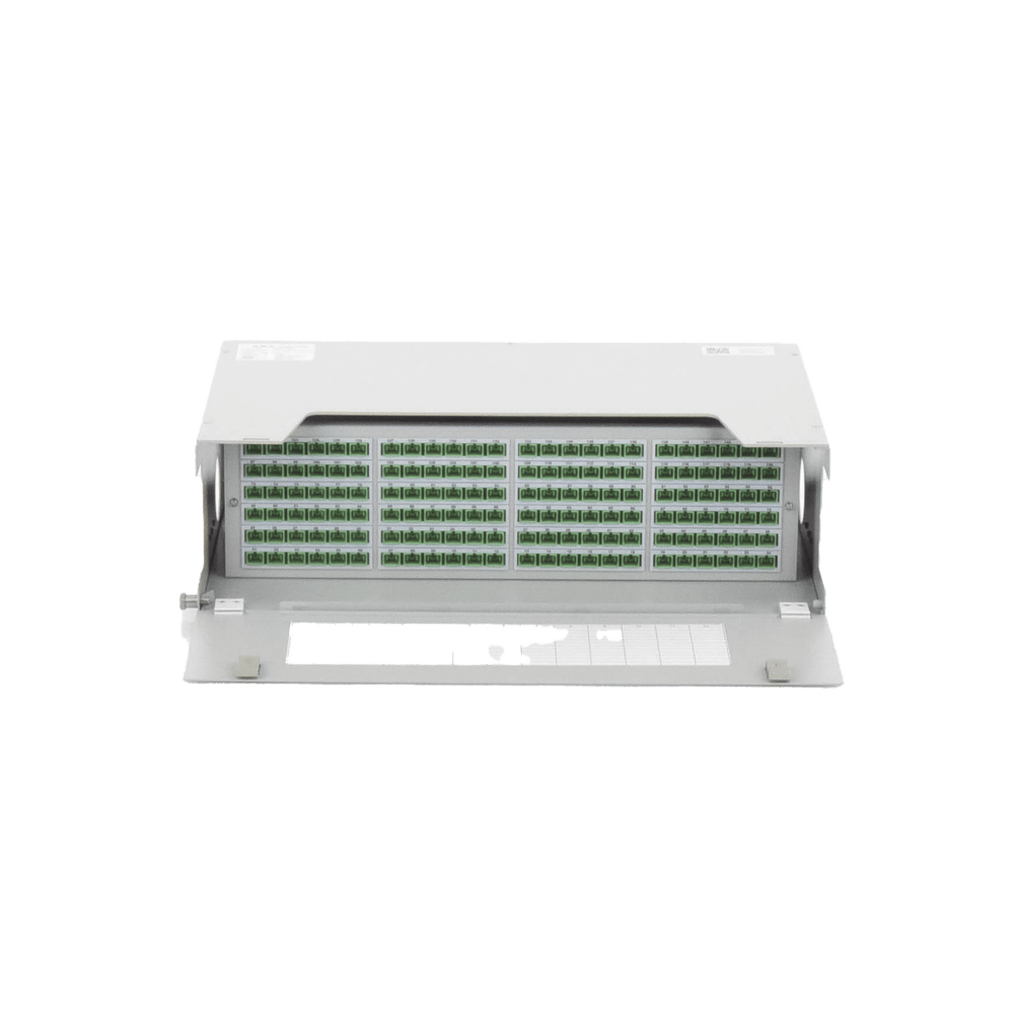 Distribuidor de Fibra Óptica para 144 empalmes, con 144 acopladores SC/APC y 144 pigtails, 19", 5 UR ODU19T-B144-B