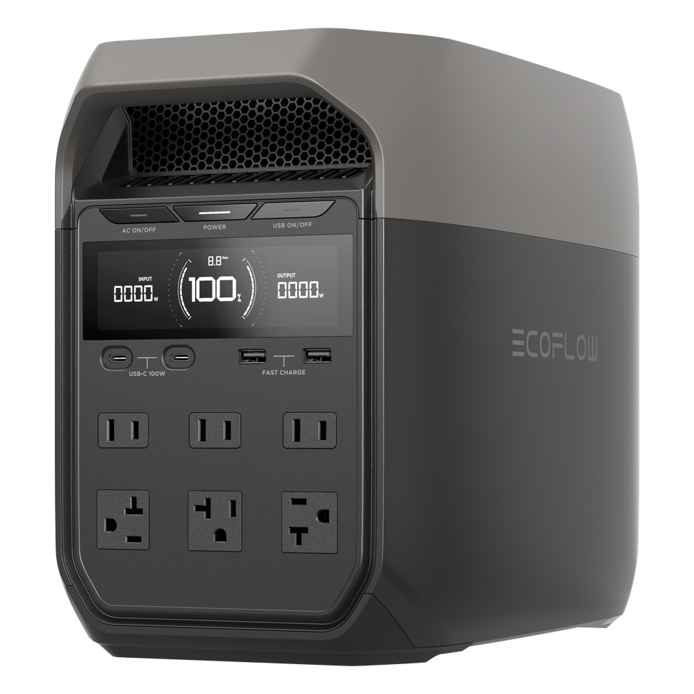 Estación de Energía Portátil Delta 3 1024Wh Litio LFP / 6 AC 1800 W (Max. 2200W) / 2 USB-C 100W / Capacidad para Aumentar Respaldo / Cargador de Coche 10A a 12.6V / Conectividad WiFi y Bluetooth (App) / Carga Solar 500W Max. EFD3