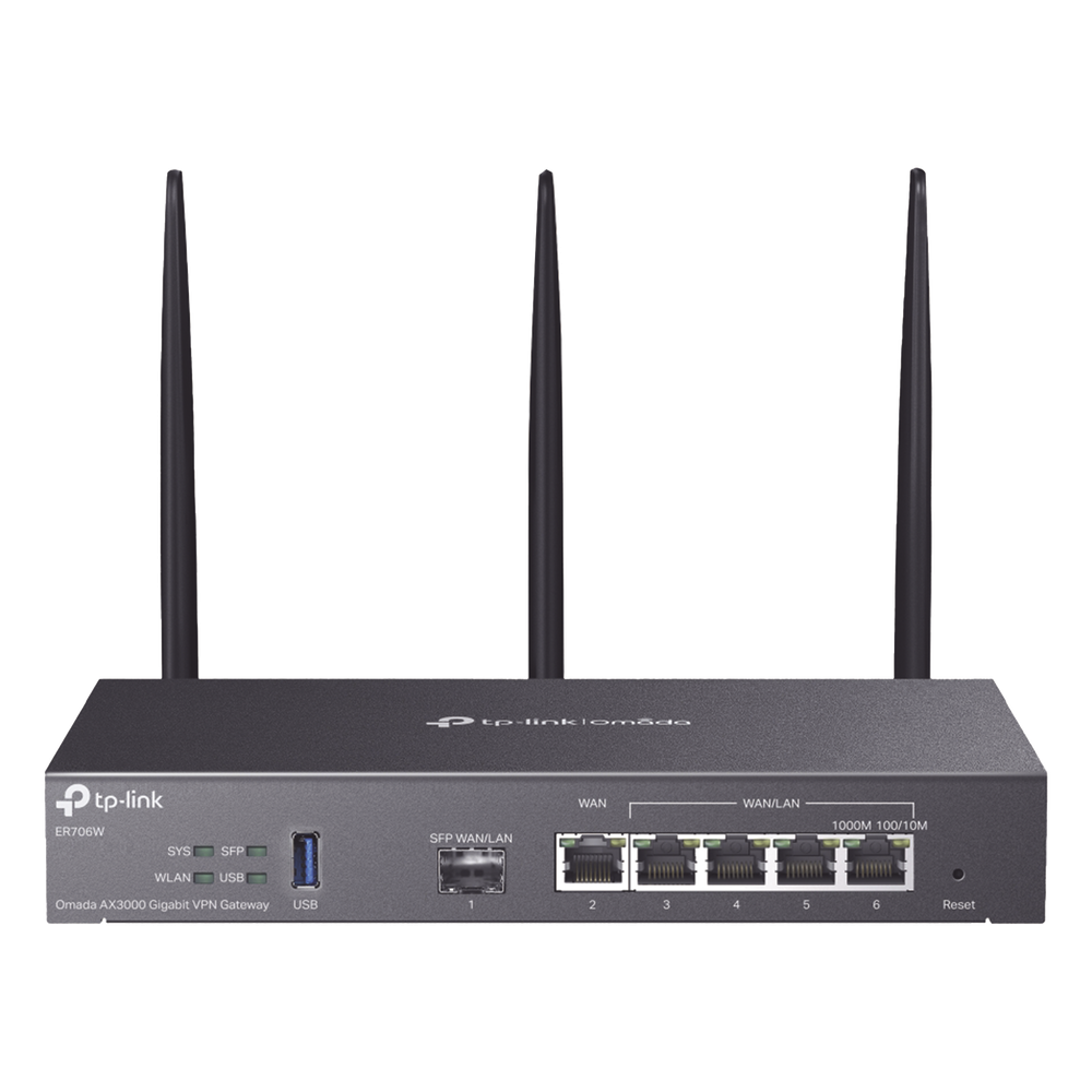 Router Omada VPN / SDN Multi-WAN Gigabit / 1 Puerto WAN SFP Gigabit / 1 Puerto WAN RJ45 Gigabit / 2 Puertos LAN RJ45 Gigabit / 2 Puertos Configurables LAN/WAN / 150,000 Sesiones Concurrentes / Administración Centralizada Omada o Stand-Alone ER706W