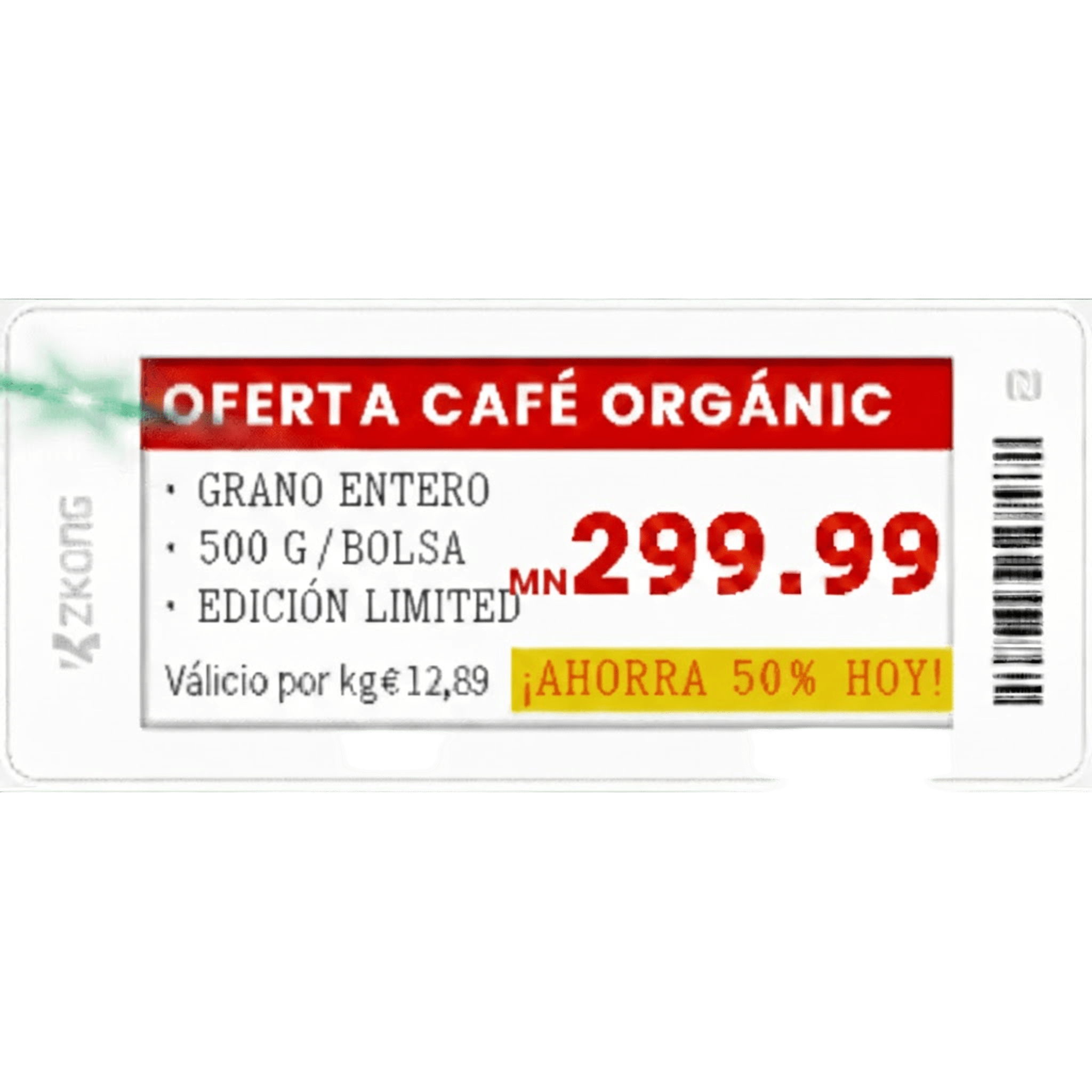 Etiqueta Electrónica de Estantería ZKE29B / Pantalla EPD Gráfica 2.9 Pulgadas / Resolución 296x128 Píxeles / 4 Colores (Negro Blanco Rojo Amarillo) / BLE 5.0 con Encriptación AES-128 / Batería 5 Años ZKC29B