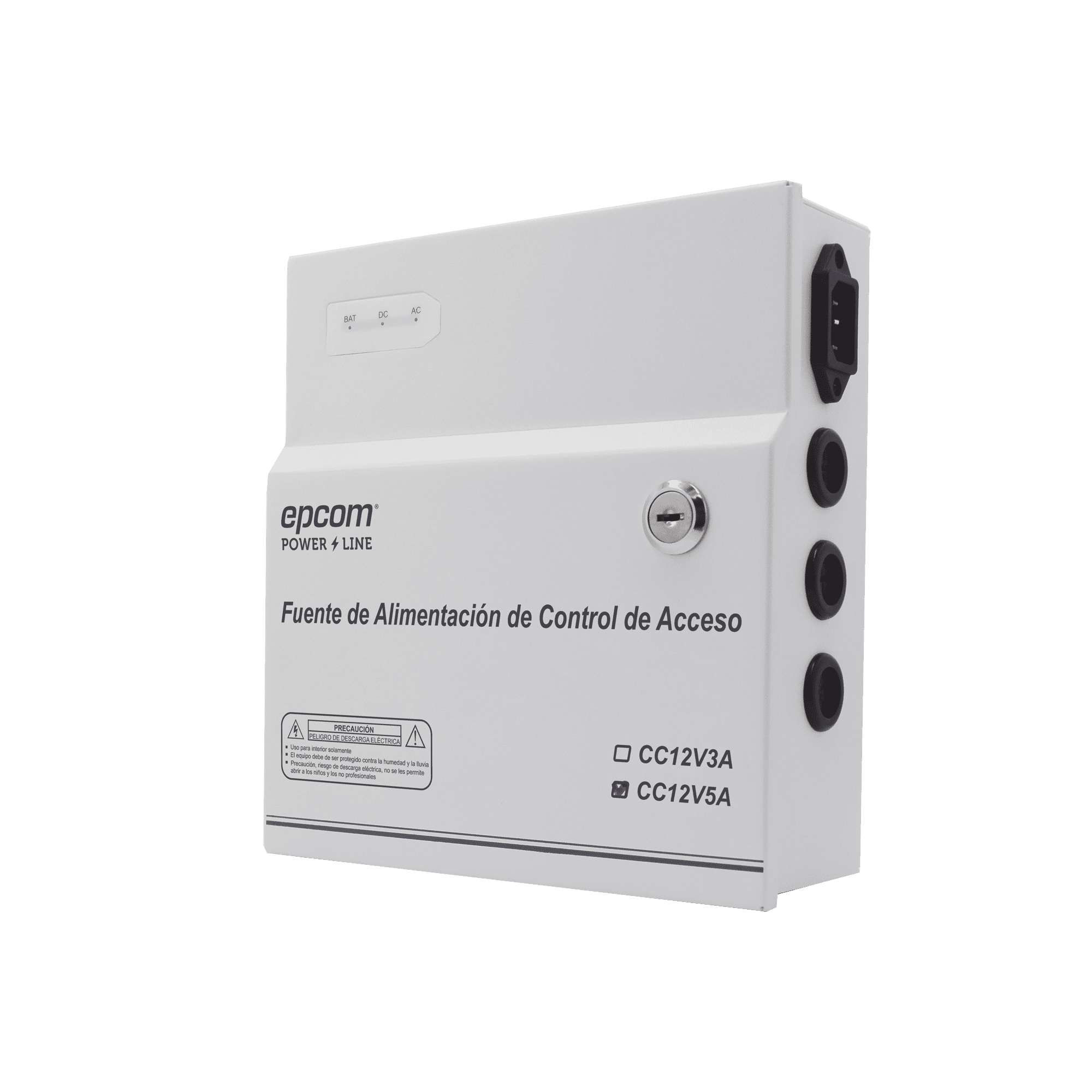 Fuente de Alimentación / 1 Salida 11-15 Vcc /  5 A / Temporizador Integrado / Con Capacidad de Batería de Respaldo / Requiere Batería / Aplicaciones en sistemas de control de Acceso AC-PS-T12-05