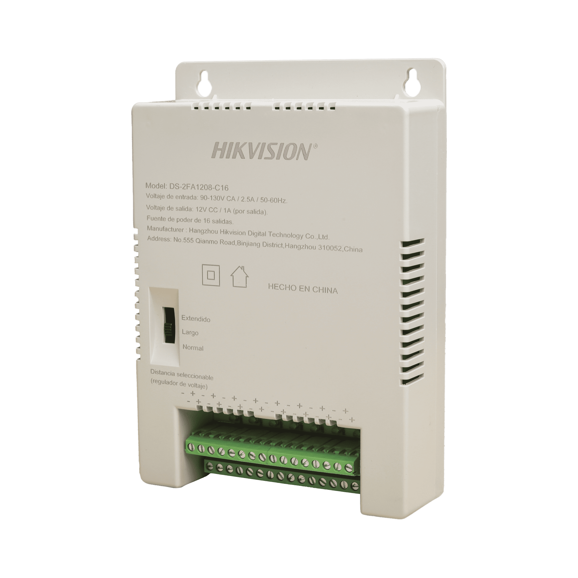 Fuente de Poder Regulada 12 Vcc / 13.5 Vcc / 15 Vcc para 16 Cámaras / 16 Amp (1 Amp por Salida) / Voltaje de Entrada 90 - 130 VCA / Soporta 4K / Modo para Largas Distancias DS-2FA1208-C16/K