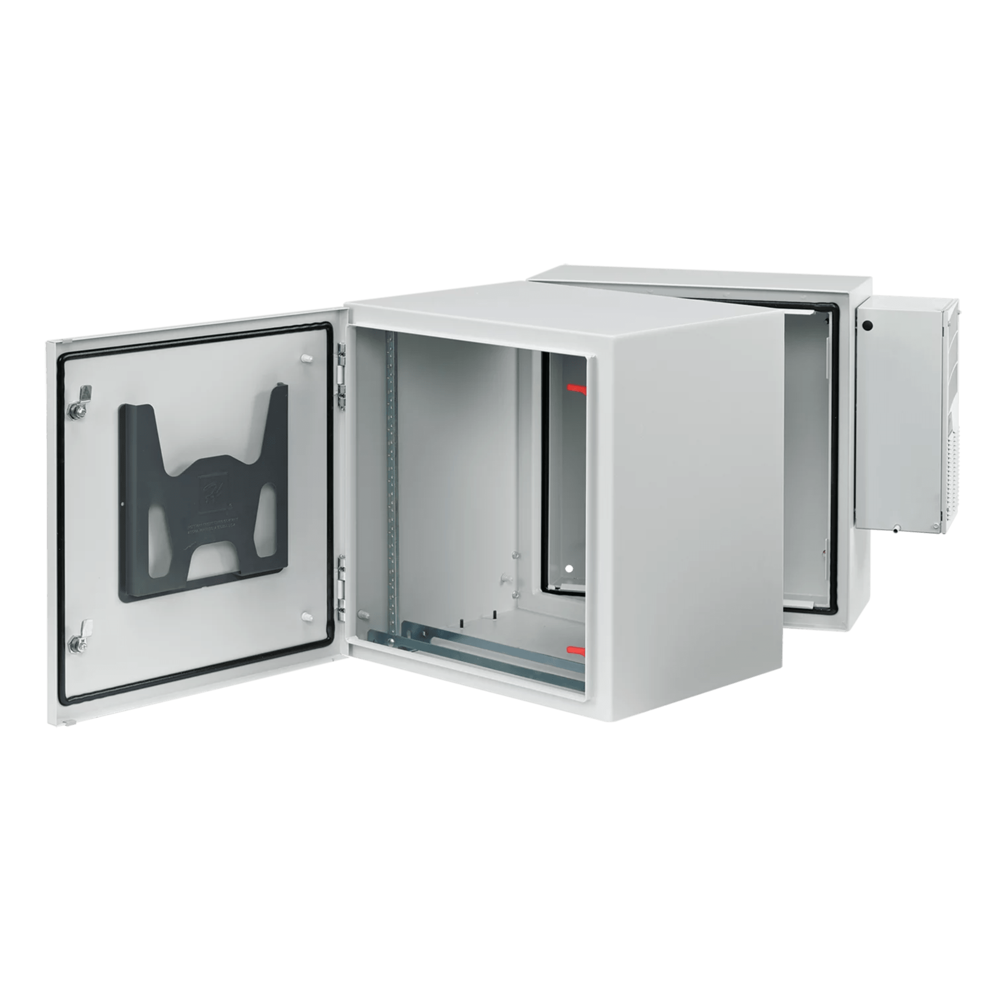 Gabinete Industrial ProTek de Puerta Sólida, Con Aire Acondicionado de 4000 BTU, Protección NEMA Tipo 4/12; IP66; IK10, Abatible, Fabricado en Acero, 19 UR, Color Gris Claro PTHS362430G4A