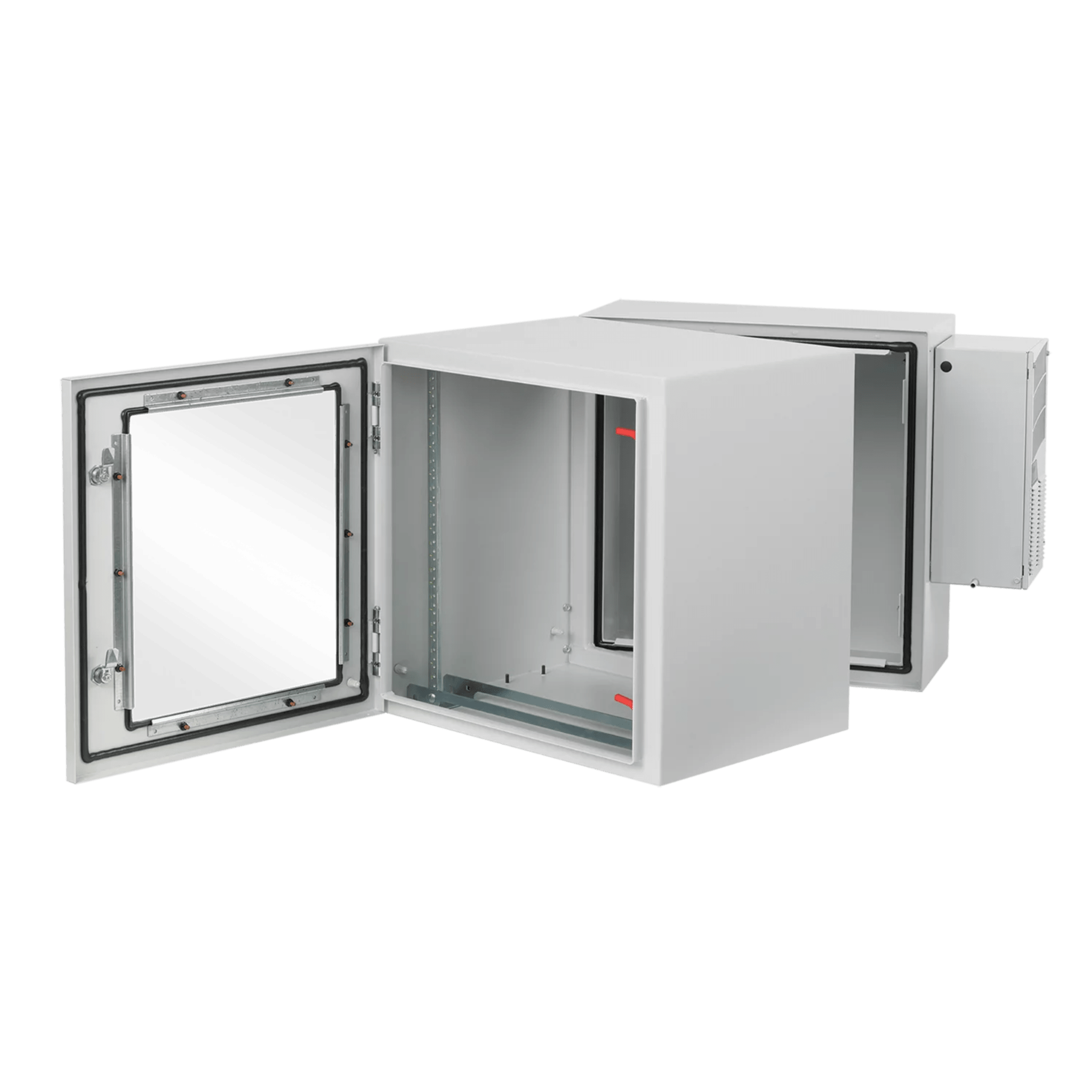 Gabinete Industrial ProTek de Puerta con Ventana, Con Aire Acondicionado de 800 BTU, Protección NEMA Tipo 4/12; IP66; IK10, Abatible, Fabricado en Acero, 19 UR, Color Gris Claro PTHW362428G2A