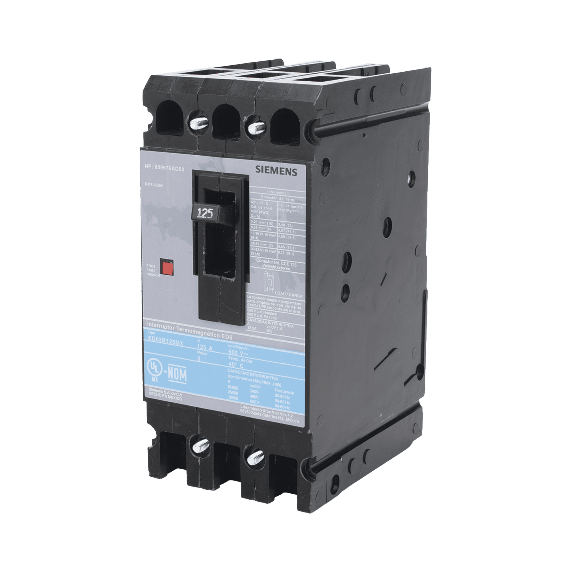 Interruptor Termomagnético ED6 600V 3X125A, Sin zapatas principales. ED63B125MX