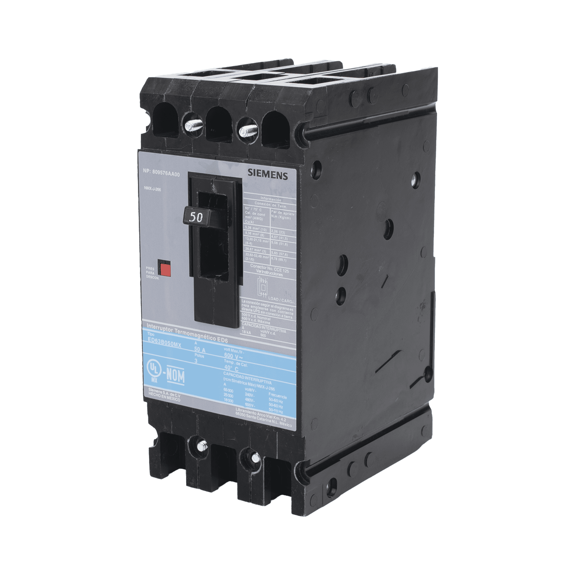 Interruptor Termomagnético ED6 600V 3X50A, Sin zapatas principales. ED63B050MX