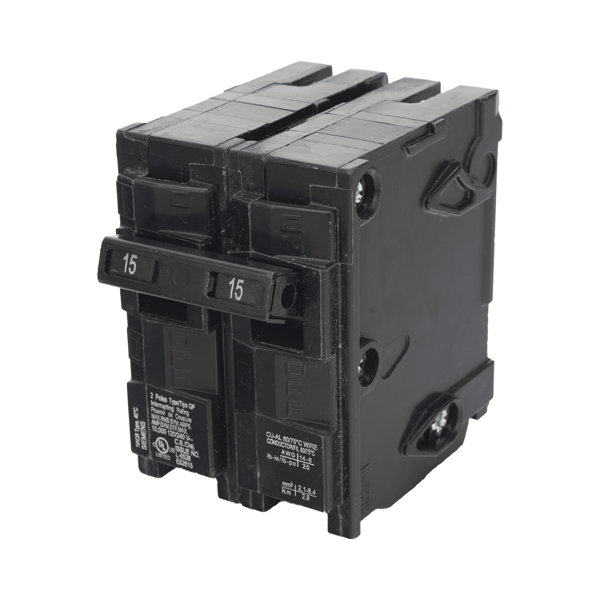 Interruptor automático enchufable tipo QP 2 polos, 15 amp Q215