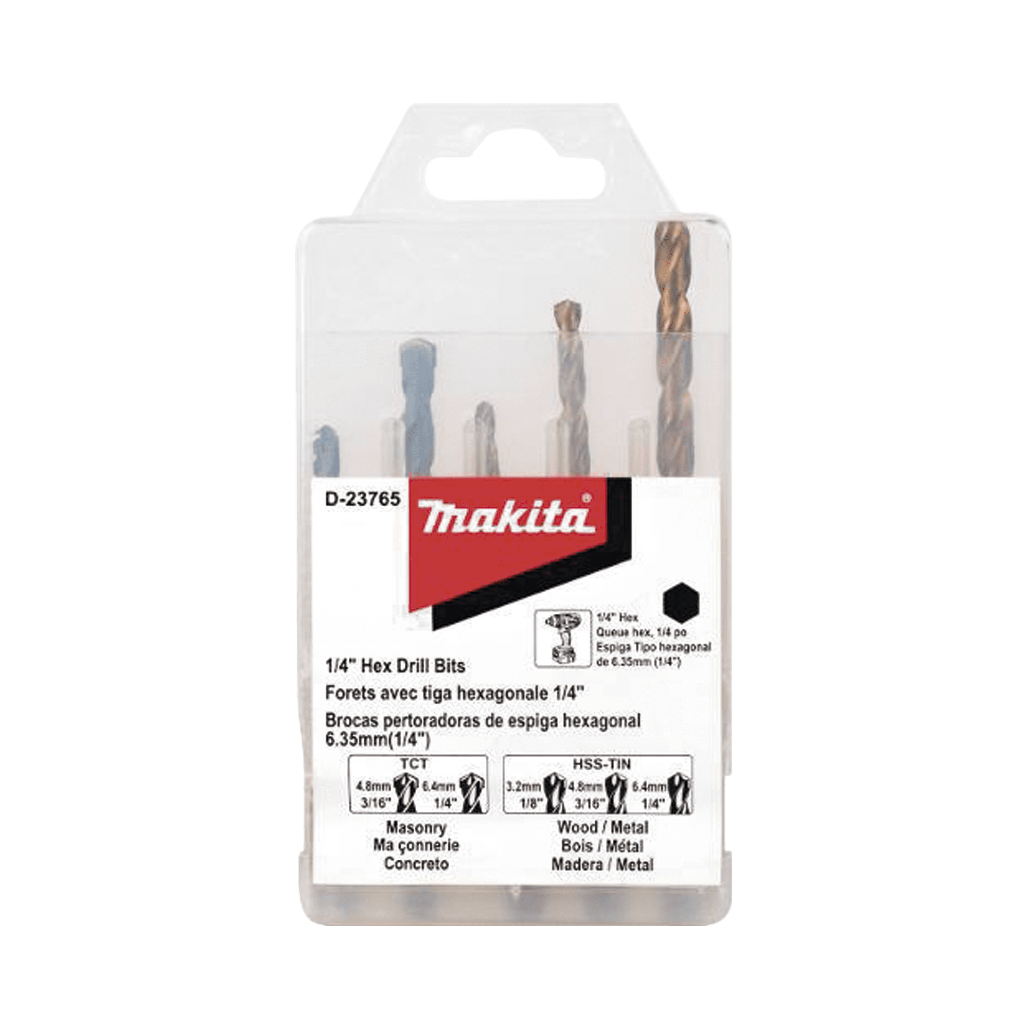 Juego de 5 Brocas con Inserción Hexagonal de 1/4". De concreto: 3/16" y 1/4". Para metal: 1/8", 3/16" y 1/4". D-23765