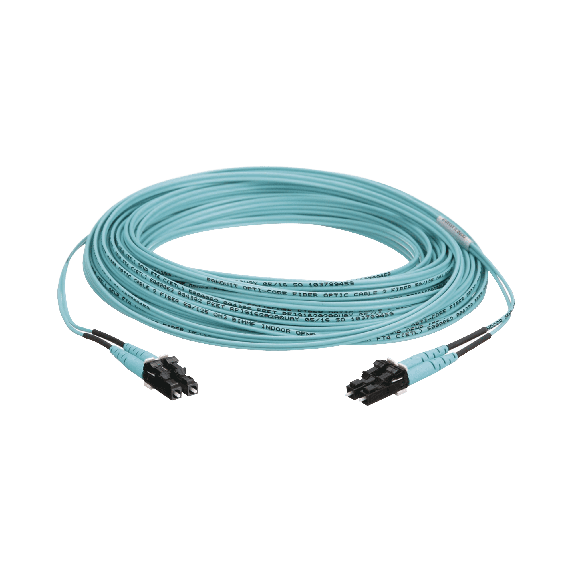 Jumper de Fibra Optica Multimodo 50/125 OM3, LC-LC Duplex, OFNR (Riser), Color Aqua, 15 Metros FX2ERLNLNSNM015
