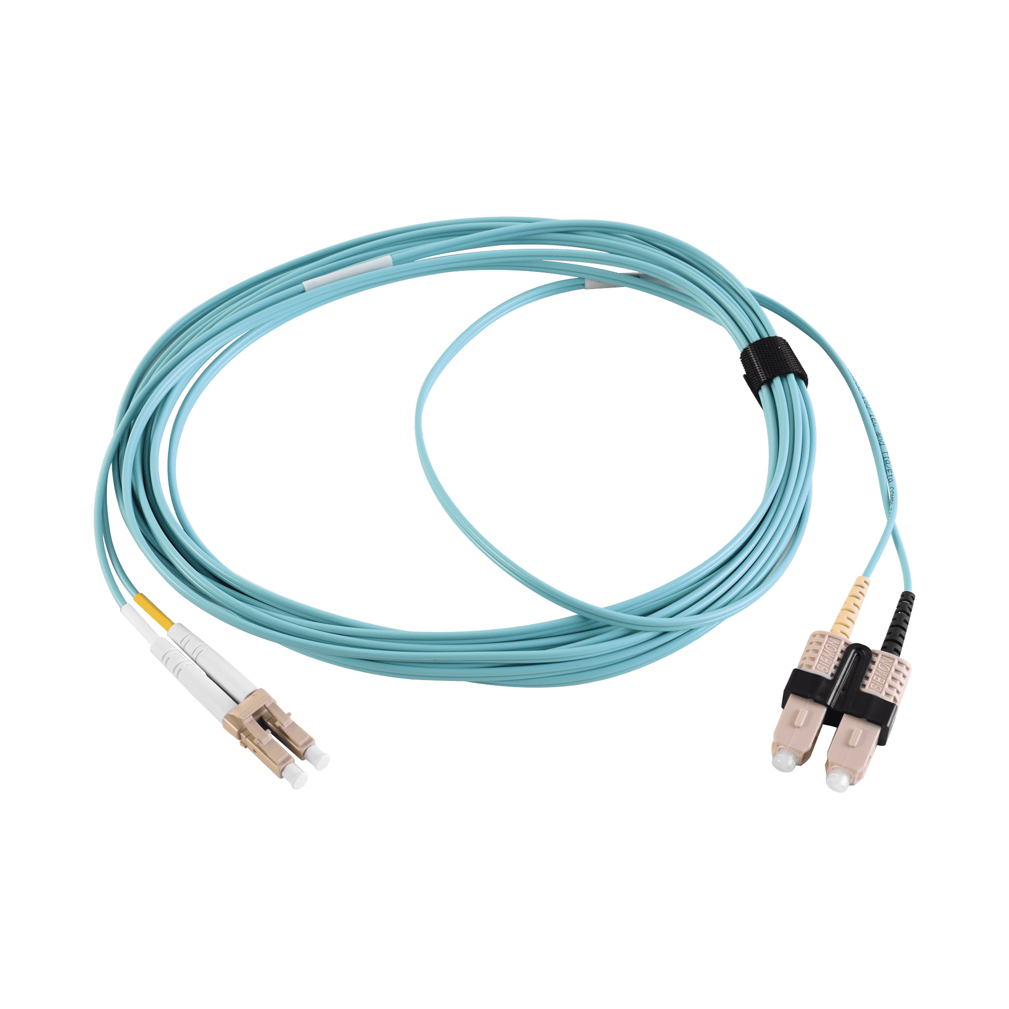 Jumper de Fibra Óptica Multimodo 50/125 XGLO OM3, LC-SC Duplex, OFNR, Color Aqua, 2 Metros FJ2-LCSC5L-02AQ