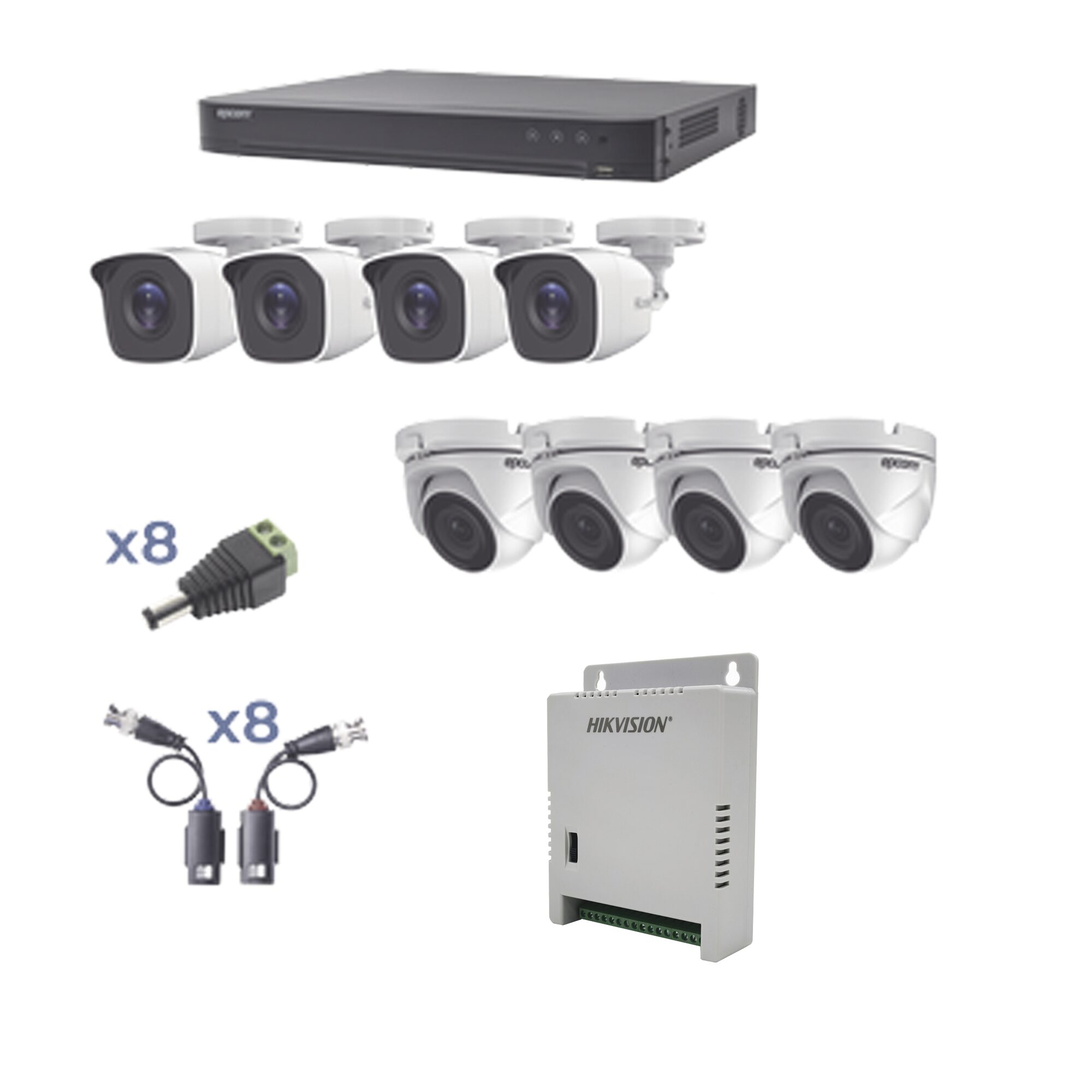 KIT TurboHD 1080p / DVR 8 Canales / 4 Cámaras Bala (exterior 2.8 mm) / 4 Cámaras Eyeball (exterior 2.8 mm) / Transceptores / Conectores / Fuente de Poder Profesional hasta 15 Vcc para Largas Distancias KEVTX8T4BW/4EW
