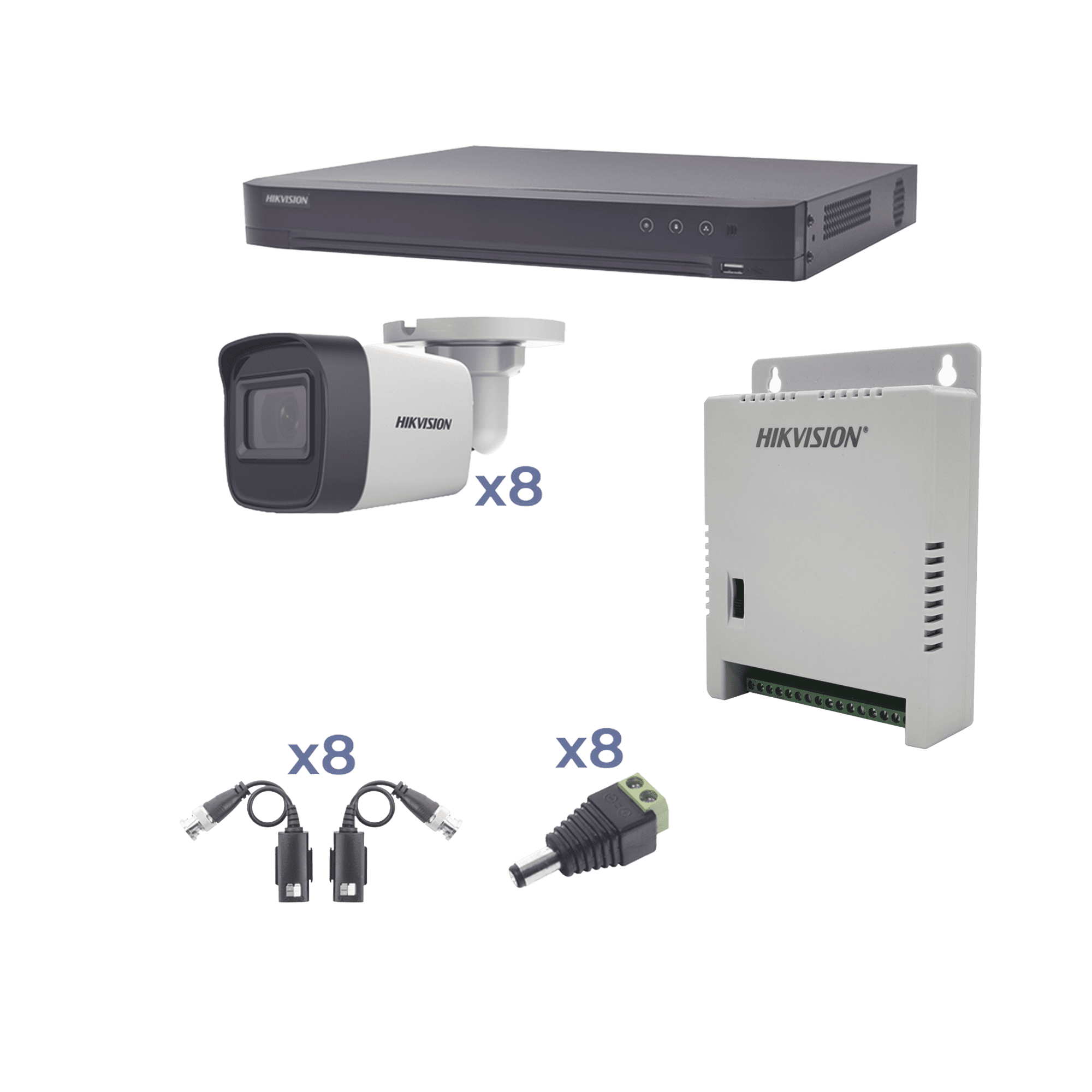 KIT TurboHD 1080p / DVR 8 Canales / 8 Cámaras Bala (exterior 2.8 mm) / Transceptores / Conectores / Fuente de Poder Profesional hasta 15 Vcc para Larga Distancia KH1080P8BW