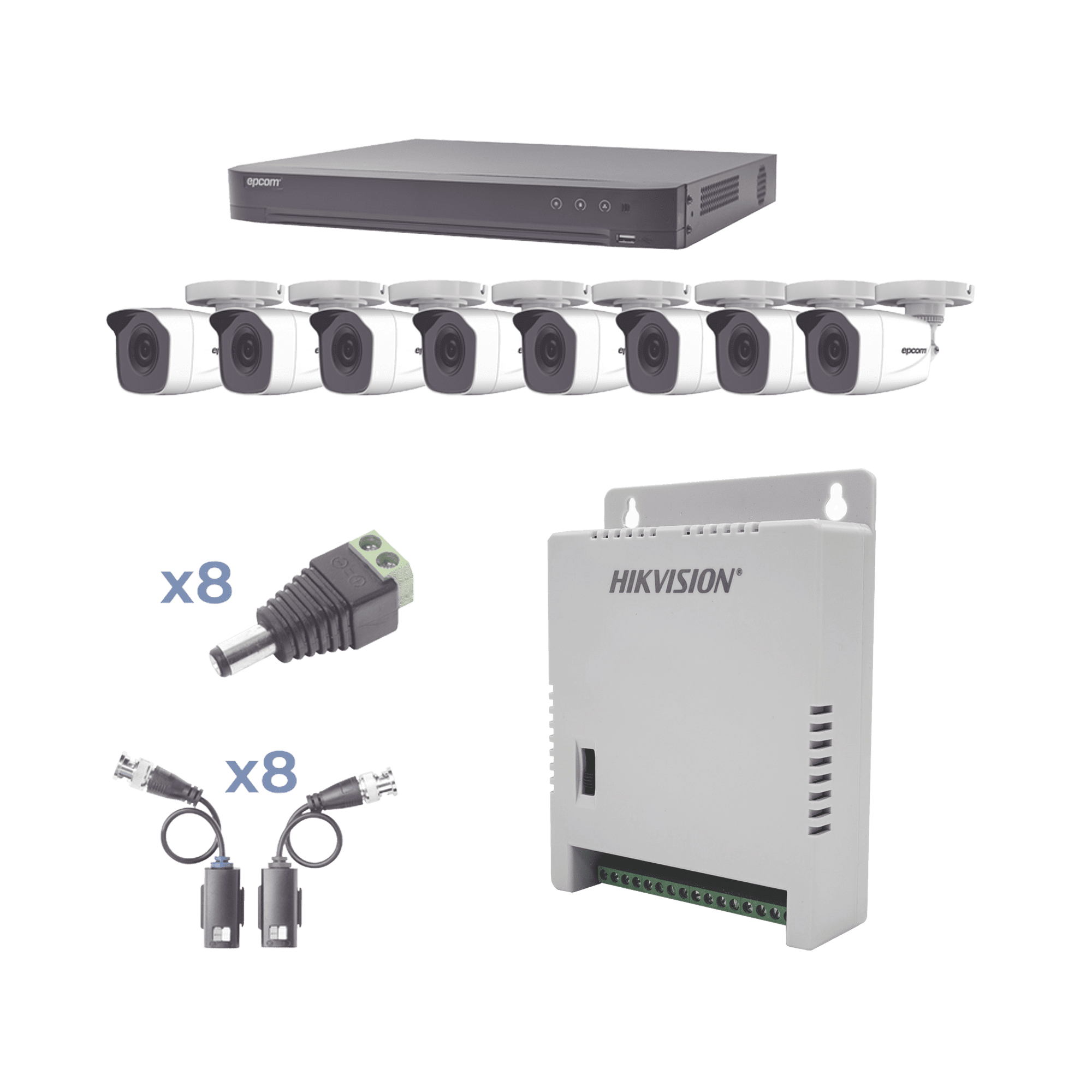 KIT TurboHD 1080p / DVR 8 Canales / 8 Cámaras Bala (exterior 2.8 mm) / Transceptores / Conectores / Fuente de Poder Profesional hasta 15 Vcc para Larga Distancias KEVTX8T8BW