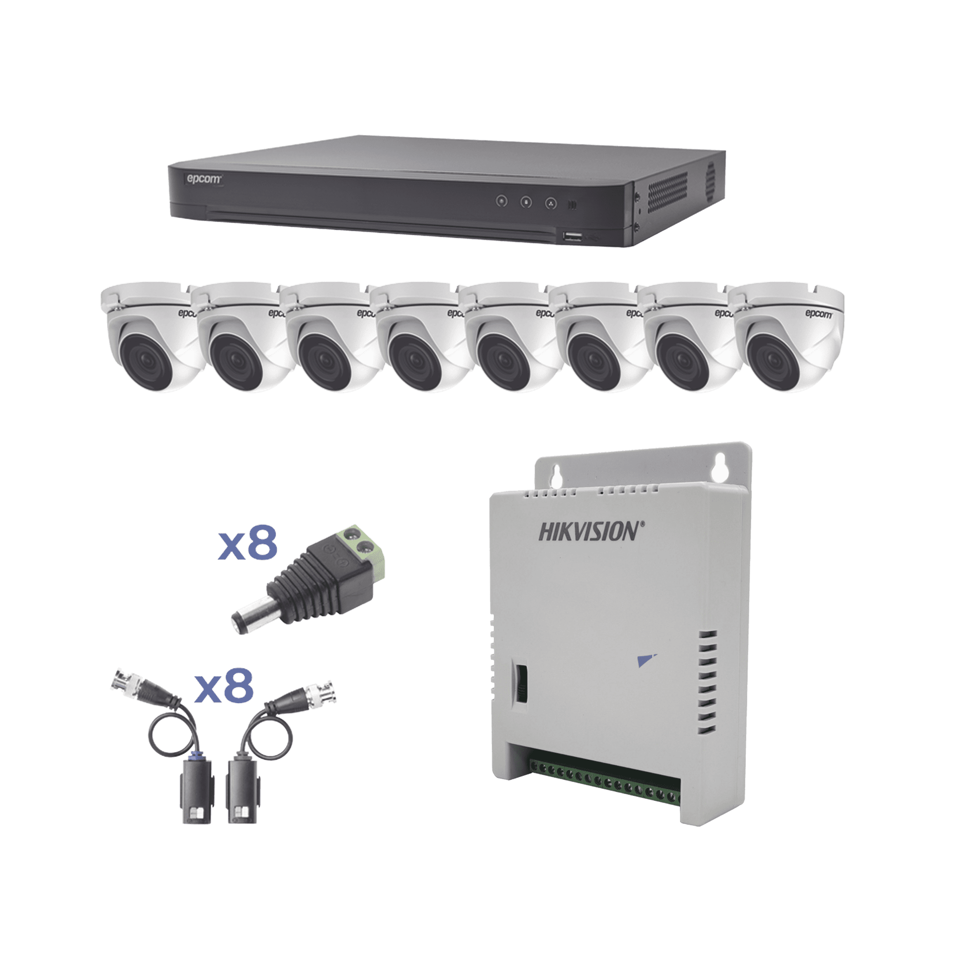 KIT TurboHD 1080p / DVR 8 Canales / 8 Cámaras Eyeball (exterior 2.8 mm) / Transceptores / Conectores / Fuente de Poder Profesional hasta 15 Vcc para Larga Distancia KEVTX8T8EW