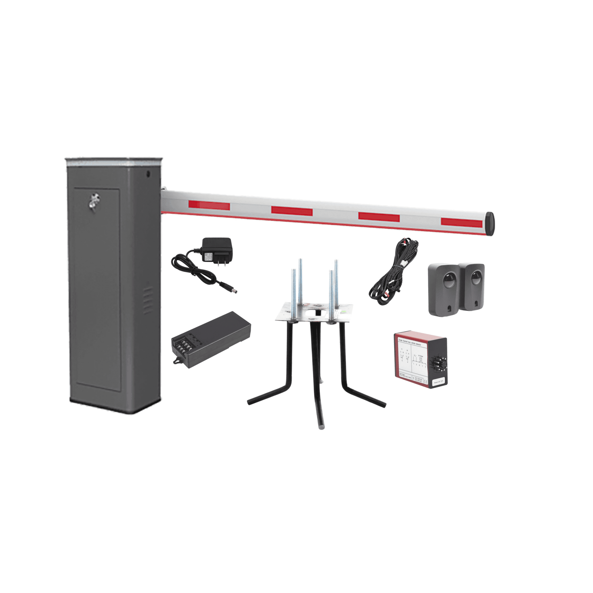 Kit COMPLETO Barrera Derecha XBF Con Corona LED / Brazo Iluminado de 3M / Incluye Sensor de Masa, Transformador, Lazo Magnético, Ancla, Fotoceldas y 2 Controles Inalámbricos KIT-XBF-3R-LED