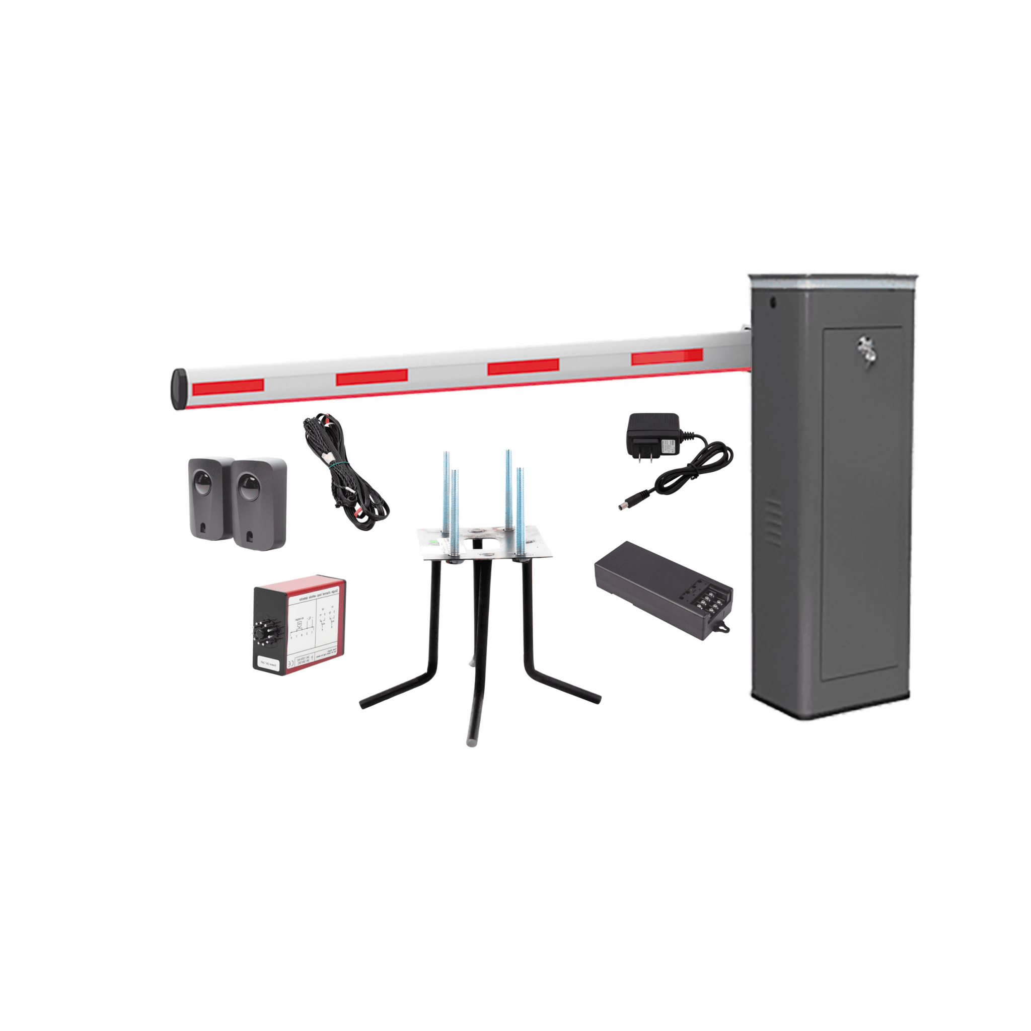 Kit COMPLETO Barrera Izquierda XBF Con Corona LED / Brazo Iluminado de 3M / Incluye Sensor de Masa, Transformador, Lazo Magnético, Ancla, Fotoceldas y 2 Controles Inalámbricos KIT-XBF-3L-LED